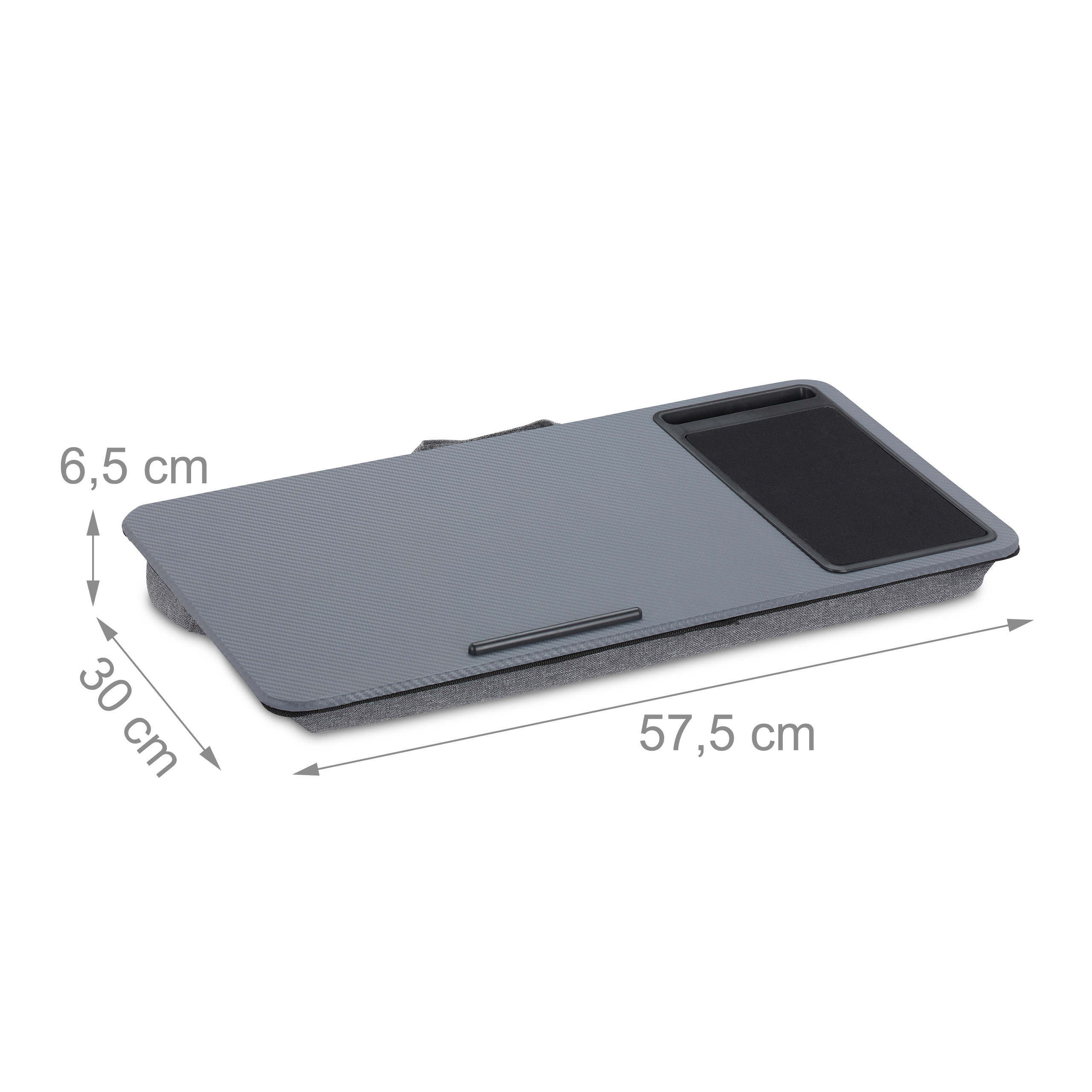 Grauer Schoß schreibtisch mit Maßen: 57,5 cm Länge, 30 cm Breite, 6,5 cm Höhe.