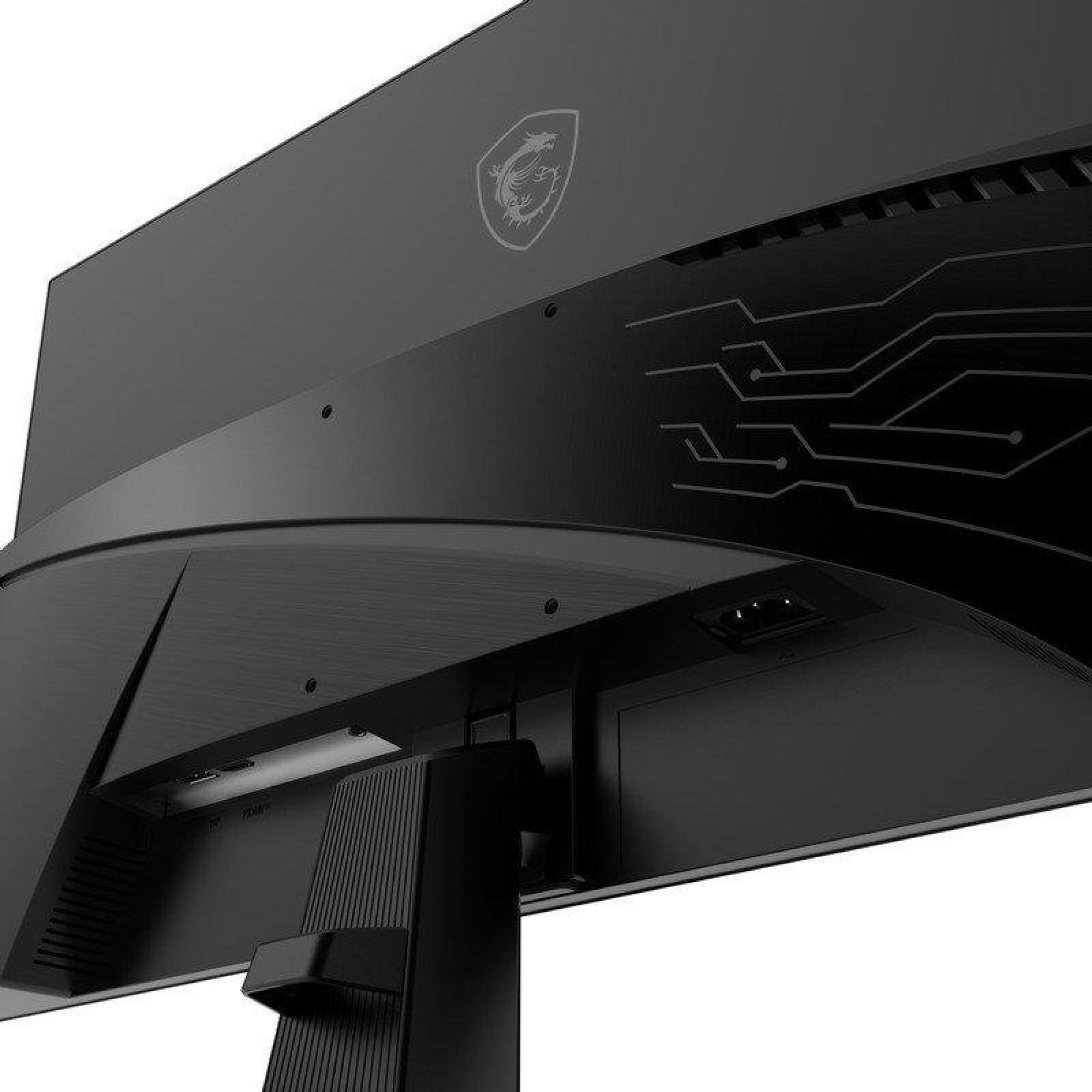 Vista posteriore di un monitor per computer MSI nero che mostra il supporto, il logo del drago e un design a circuito.