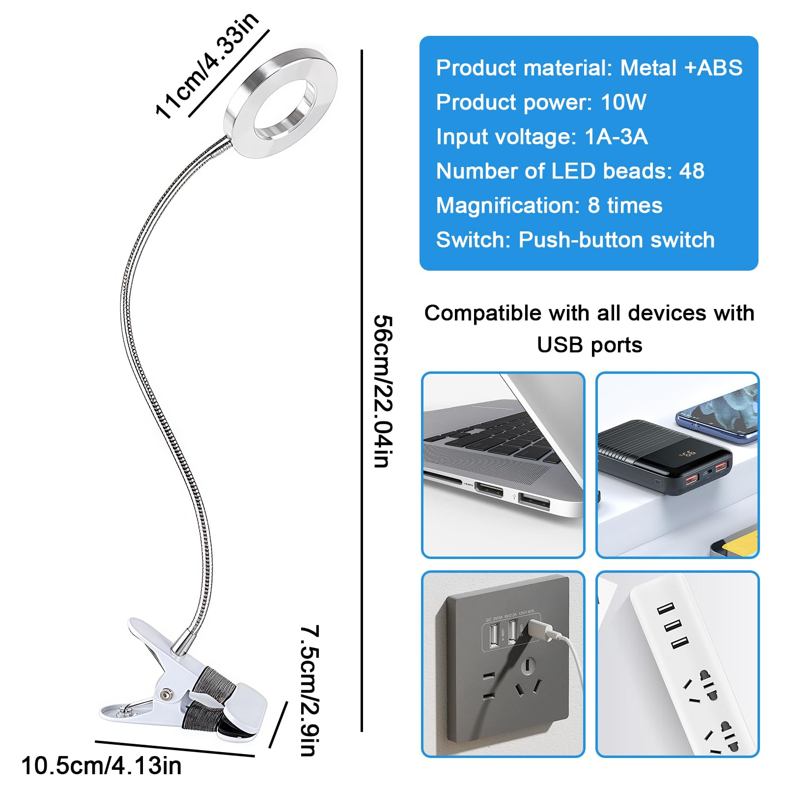 Produktmerkmale und Abmessungen einer flexiblen LED-Klemmleuchte mit USB-Anschluss.