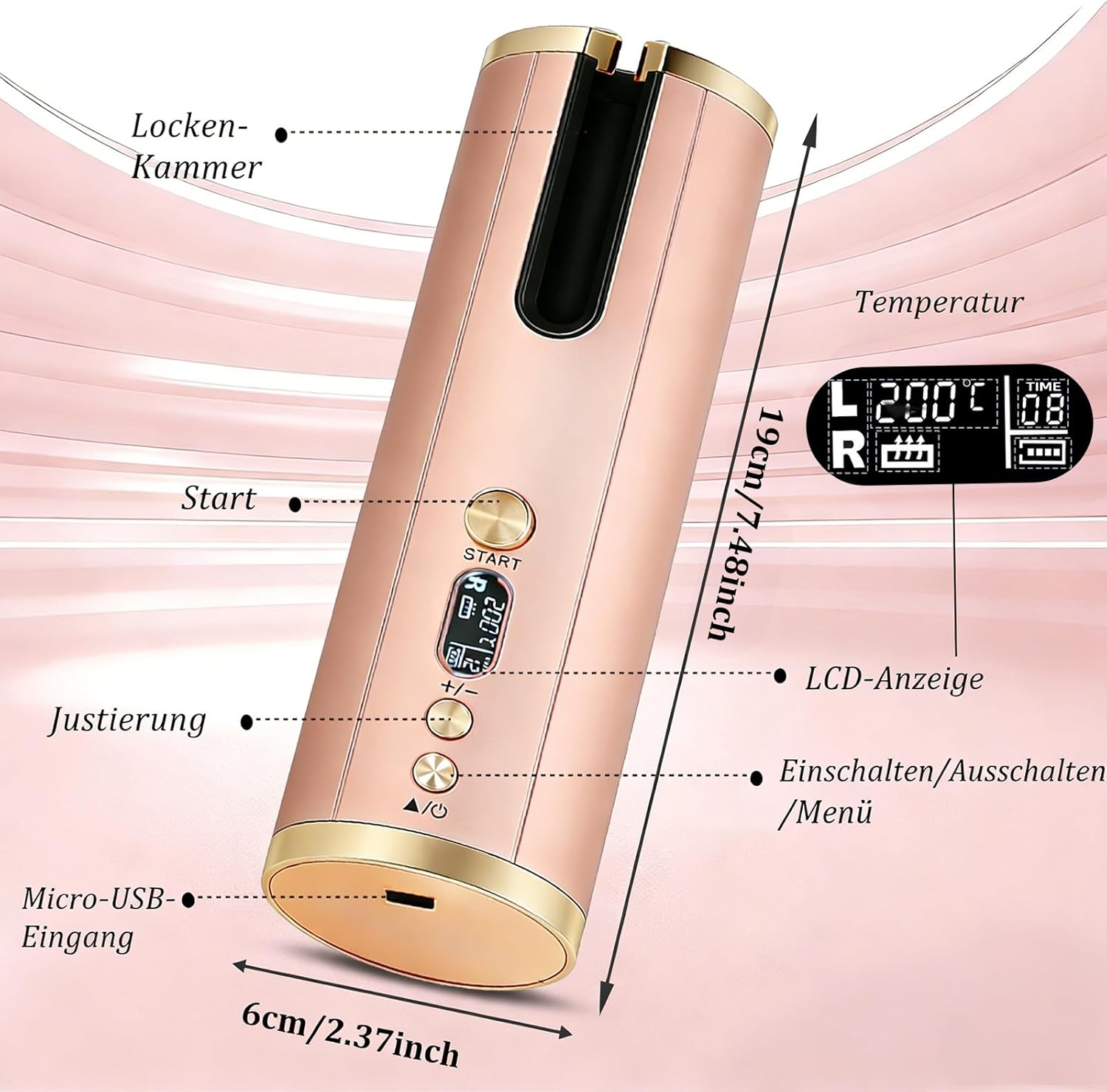 Ein roségoldener automatischer Lockenstab mit LCD-Display und Bedienelementen, 19 cm hoch.