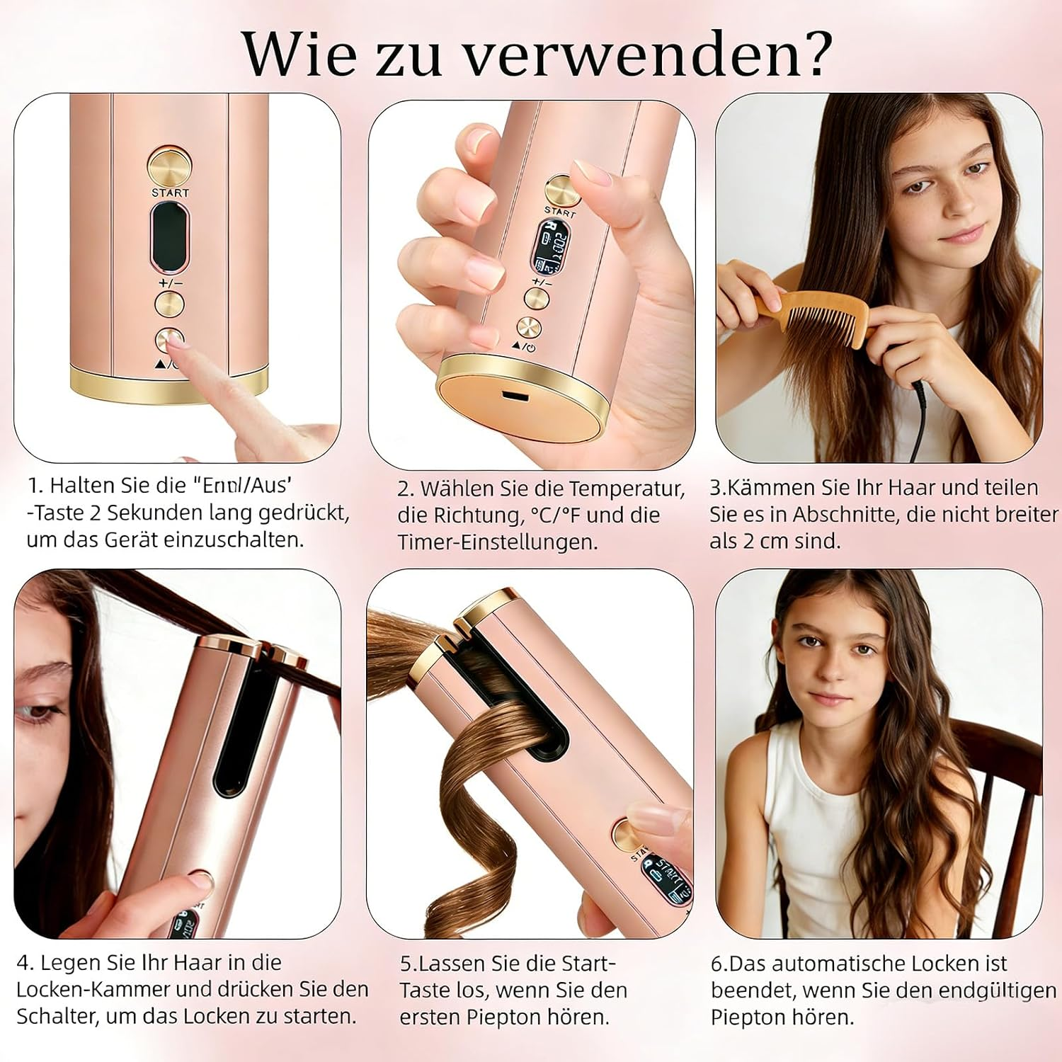Anleitungsbild mit sechs Schritten zur Verwendung eines roségoldenen automatischen Lockenstabes.