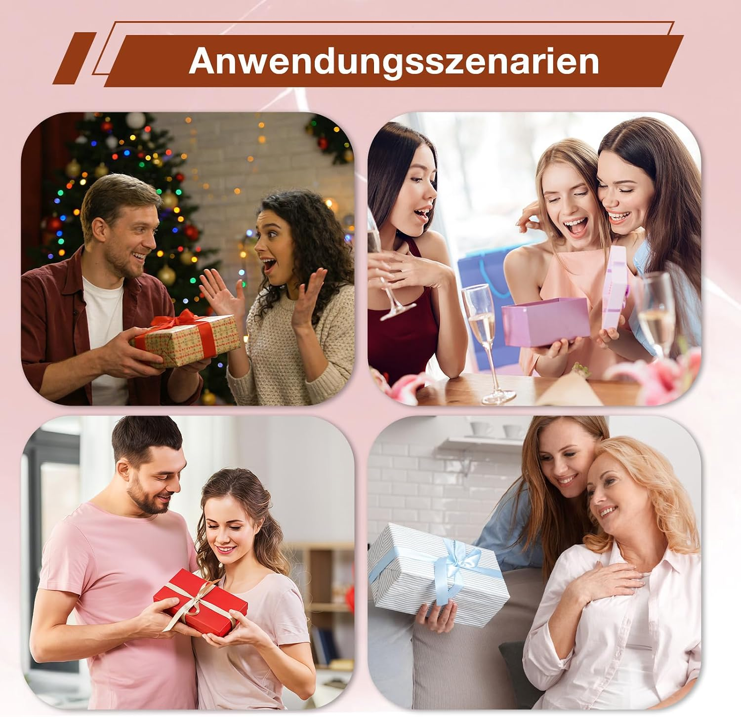 Vier Bilder zeigen Menschen, die sich gegenseitig Geschenke überreichen und sich darüber freuen.