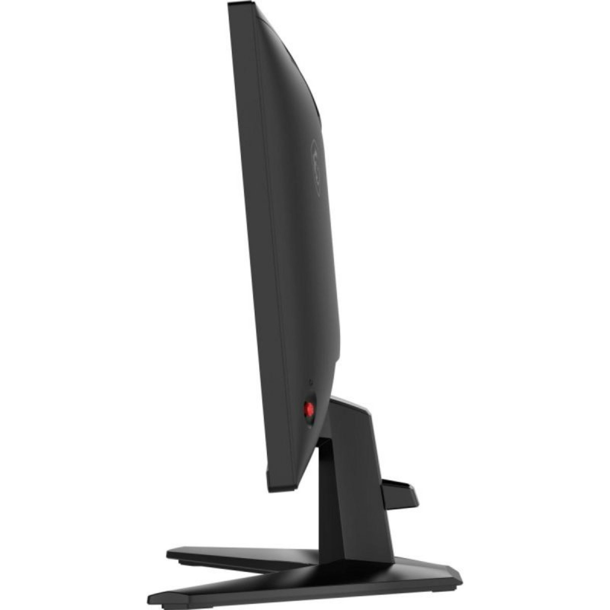 Üç ayaklı stand üzerinde siyah bir monitörün yan görünümü.