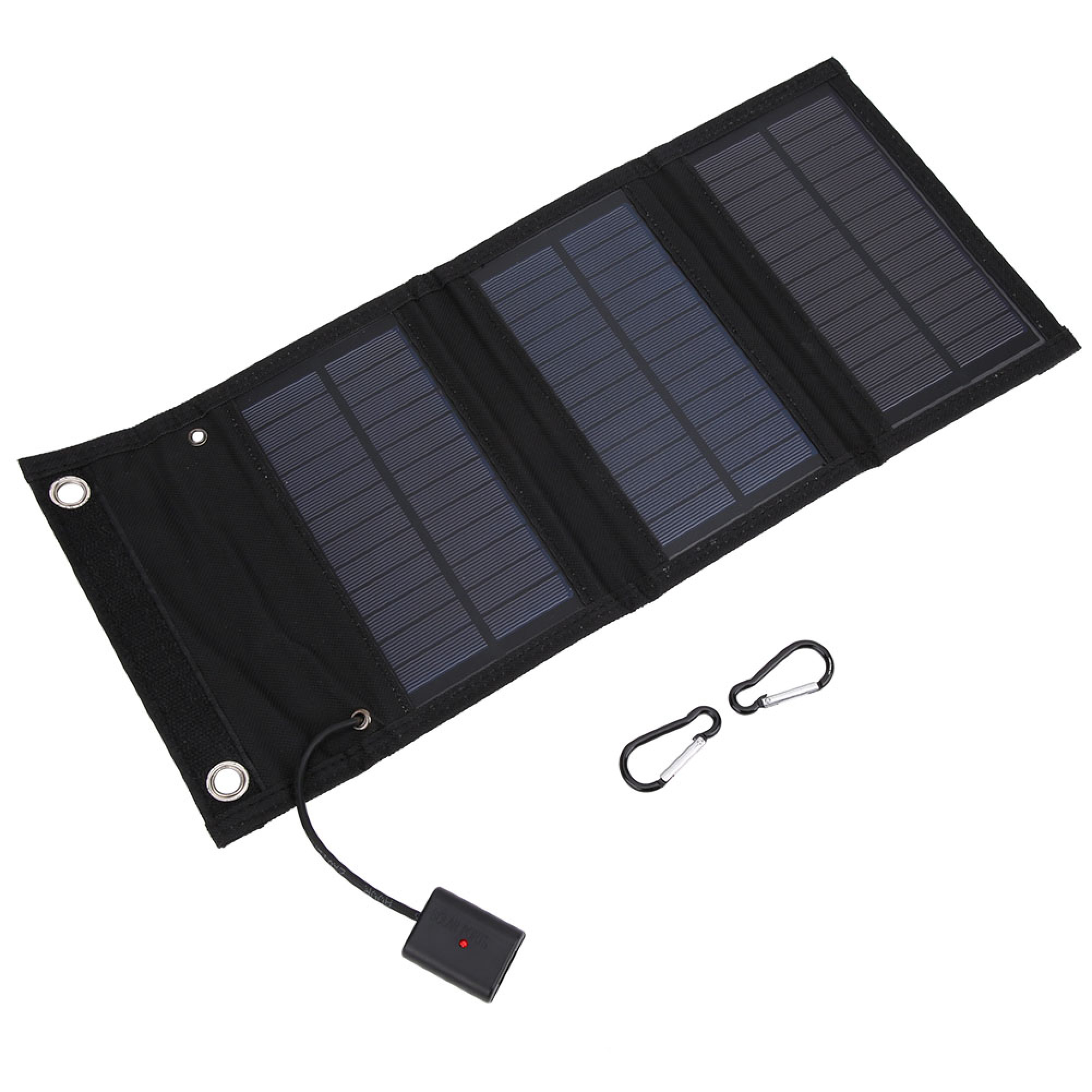 Ein schwarzes faltbares Solarpanel mit USB-Anschluss und zwei Karabinern.