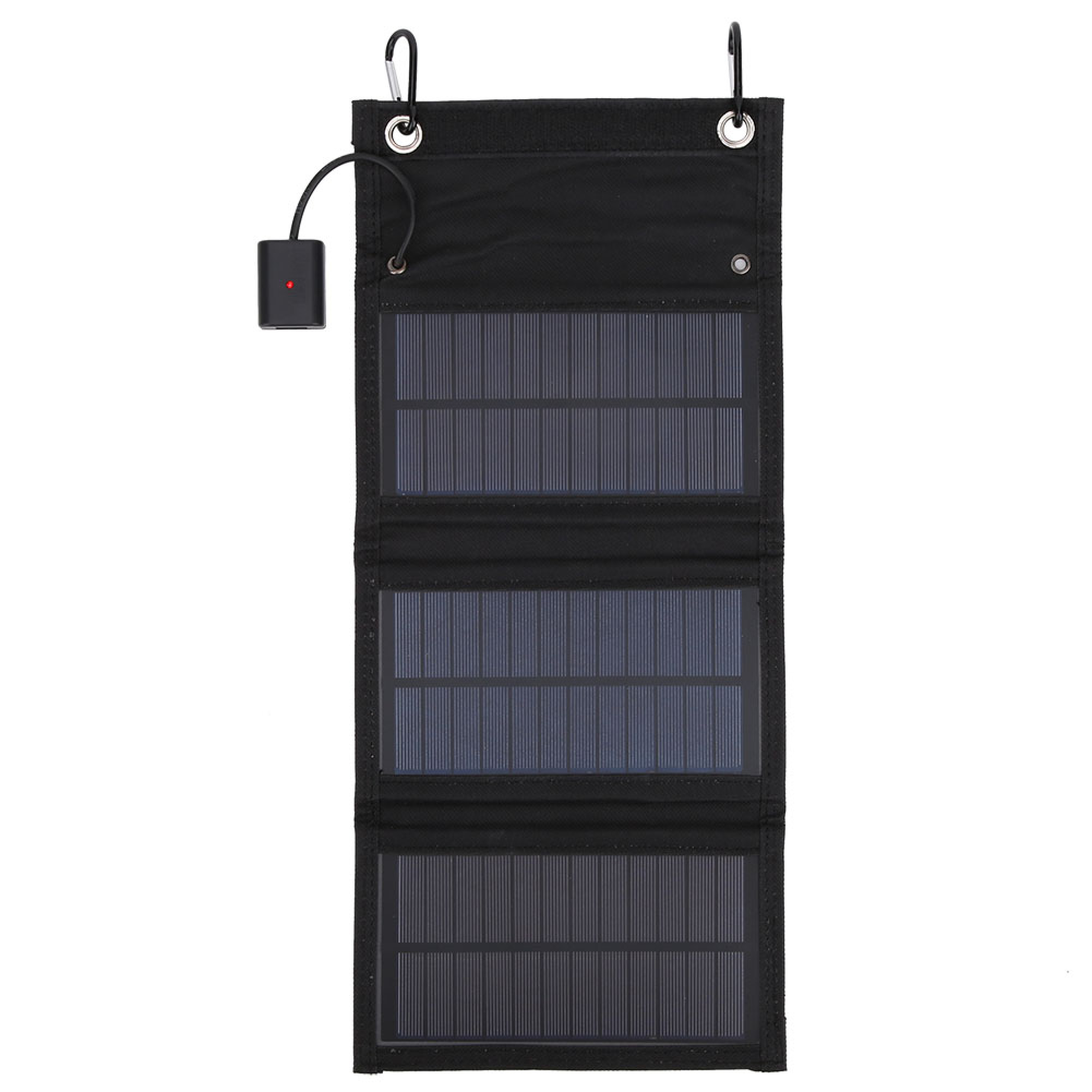 Ein schwarzes tragbares Solarladegerät mit drei faltdarbaren Paneelen, Haken und einer Steuerbox.