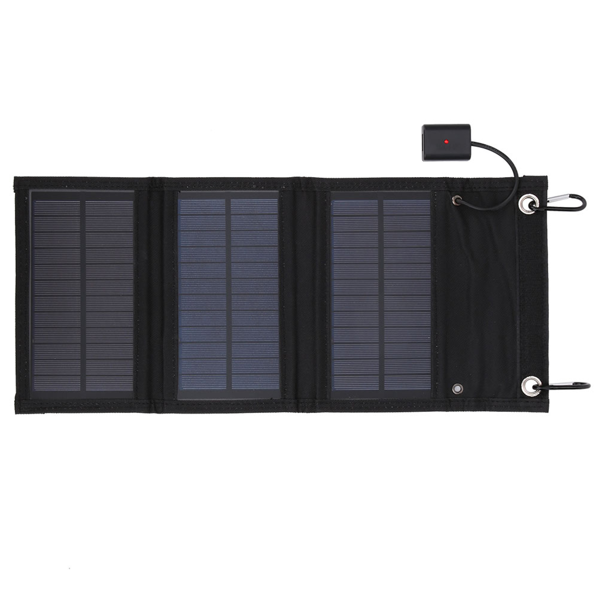 Ein schwarzes faltbares Solarladegerät mit drei Paneelen, einer USB-Ausgangsbox und zwei Karabinern.