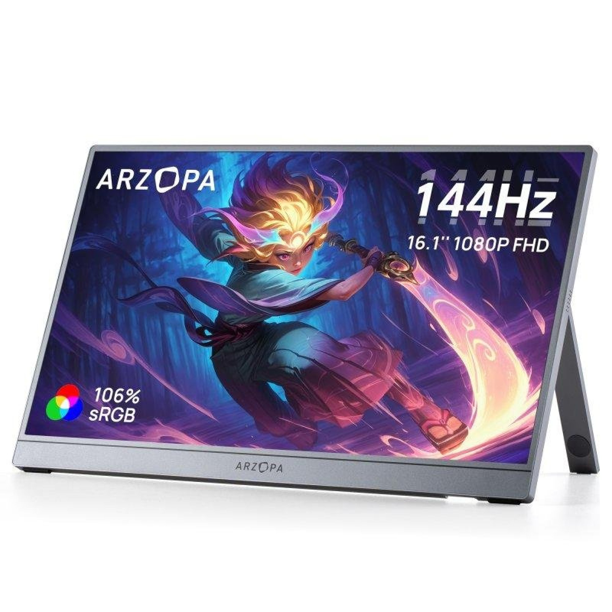 Un monitor portatile Arzopa mostra un'immagine fantasy colorata con testo che indica 144Hz e 106% sRGB.