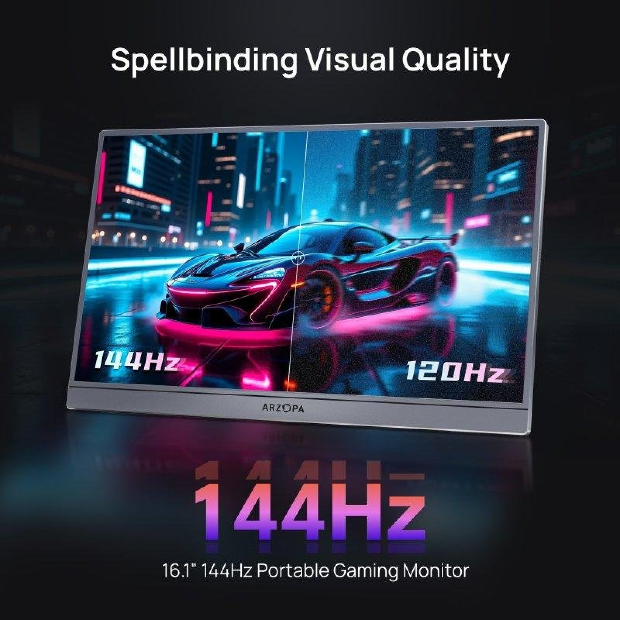 Un monitor da gioco portatile Arzopa da 16,1 pollici e 144Hz mostra un'auto futurista.