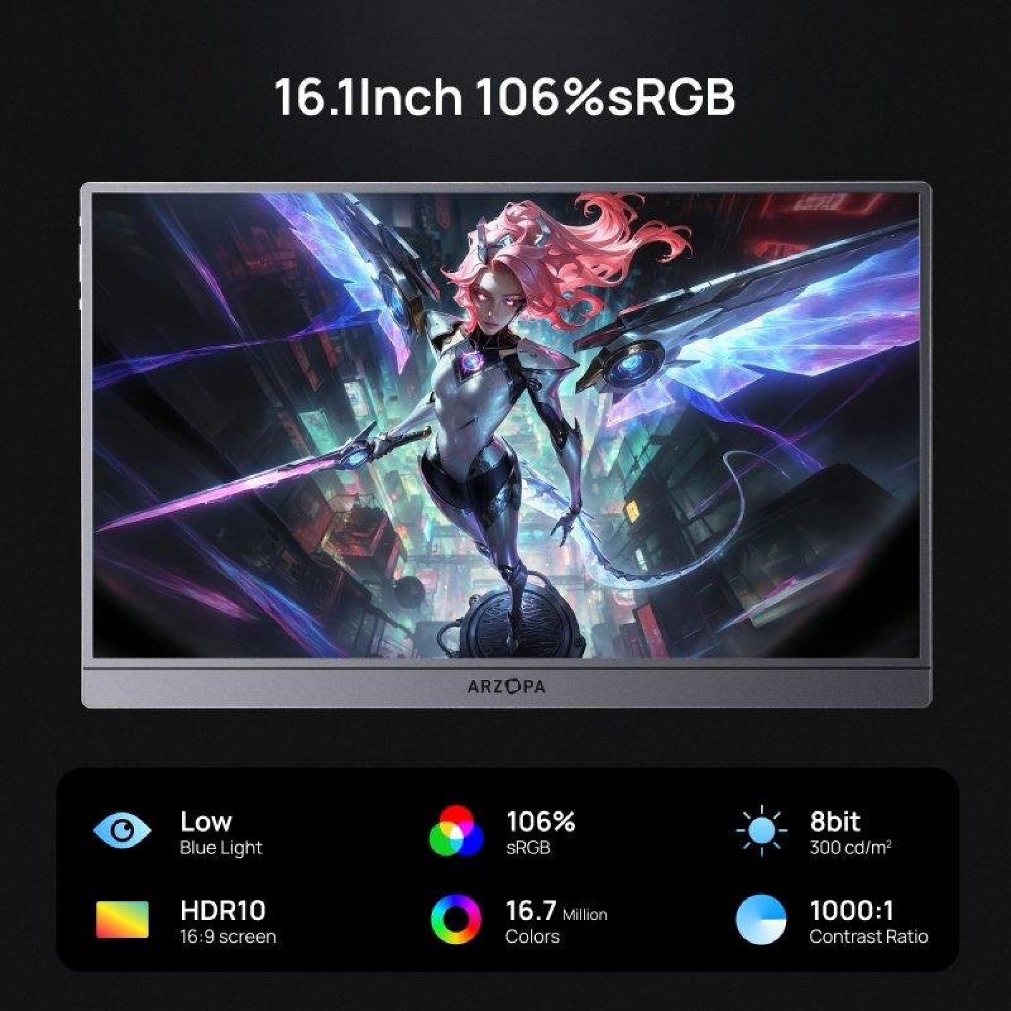 Monitor portatile Arzopa da 16,1 pollici con sfondo di guerriero fantasy e specifiche.