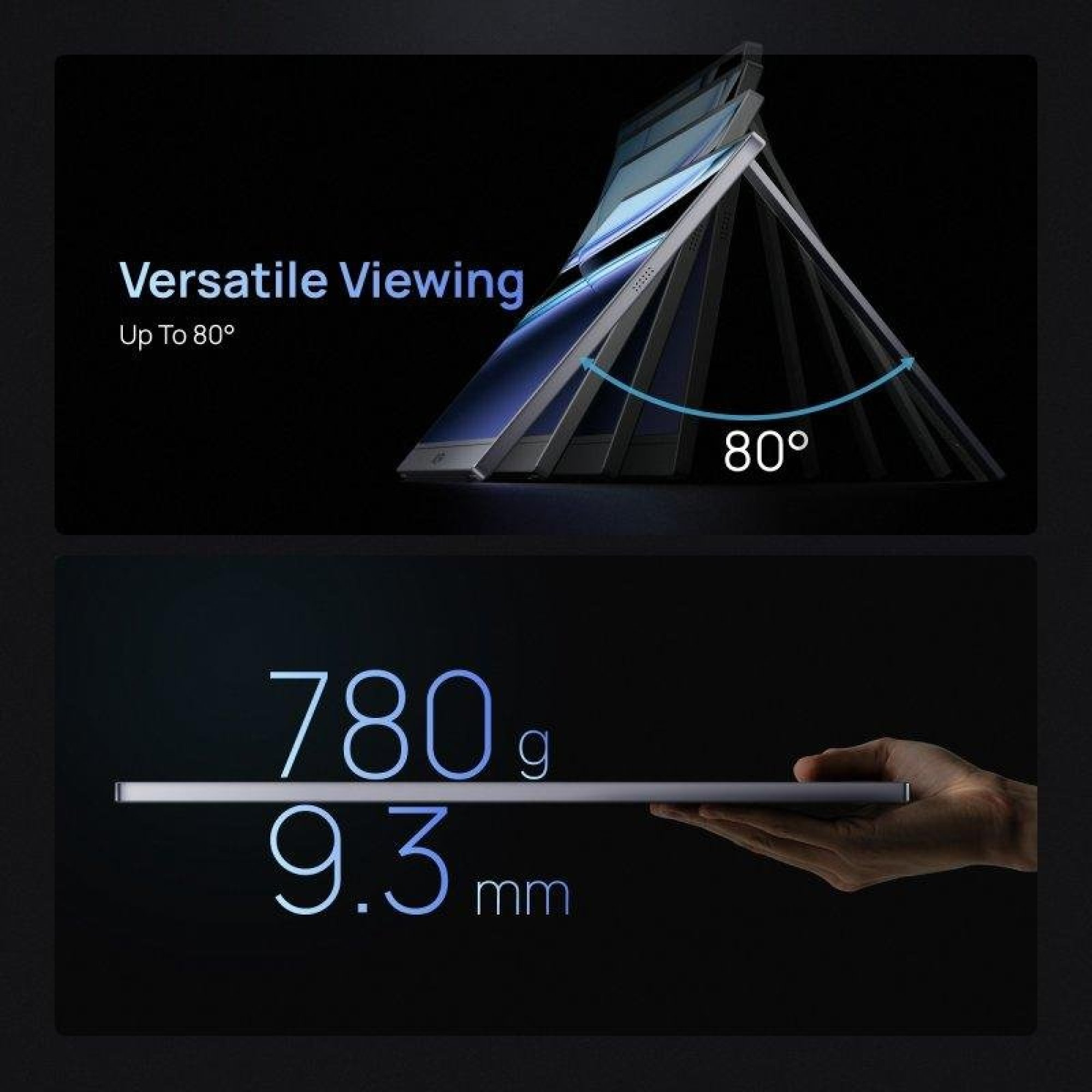 Due immagini mostrano un tablet con angolo di visione di 80 gradi, pesante 780g e spesso 9,3mm.