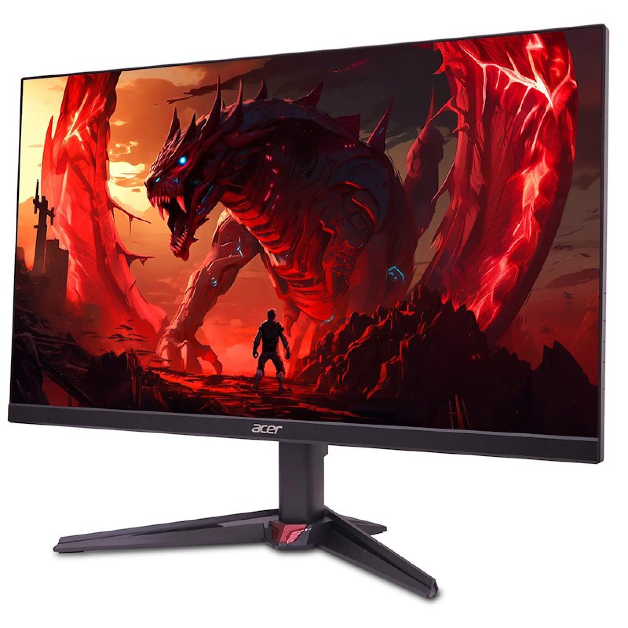 Un monitor da gioco Acer mostra uno sfondo con un drago rosso e un guerriero su sfondo infuocato.