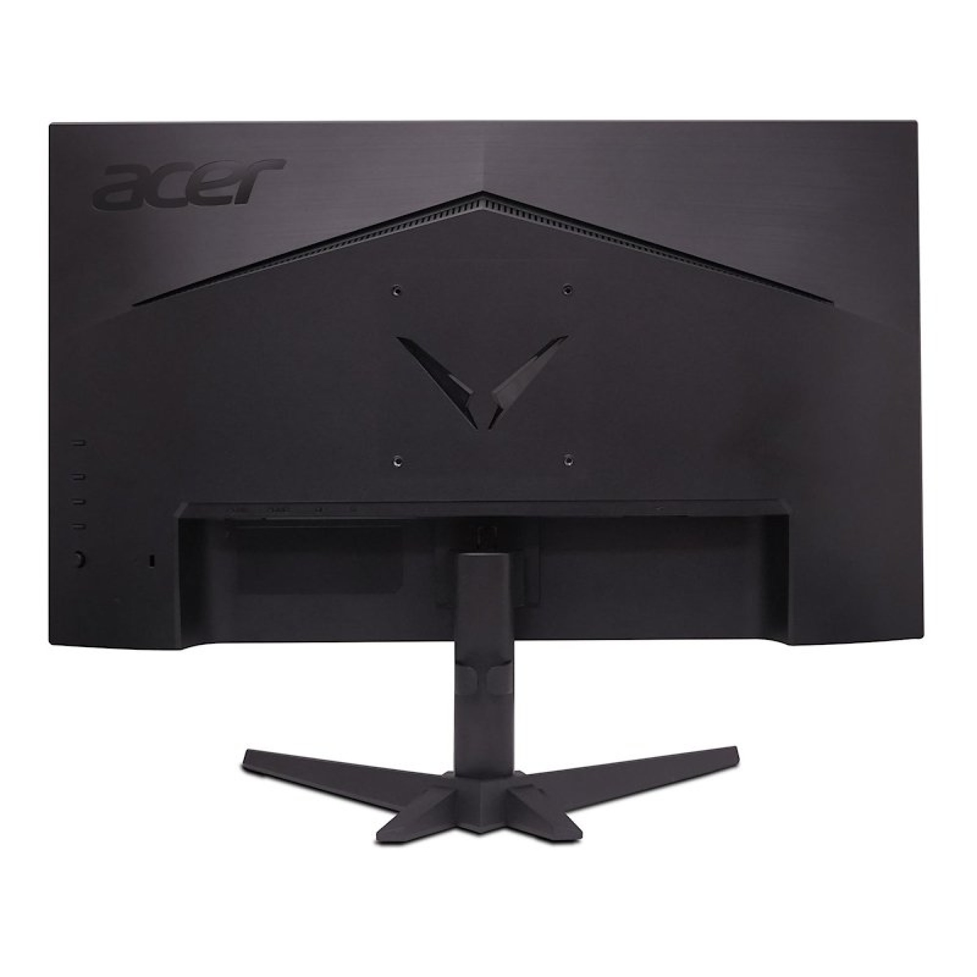 Vista posteriore di un monitor nero Acer con supporto su sfondo bianco.