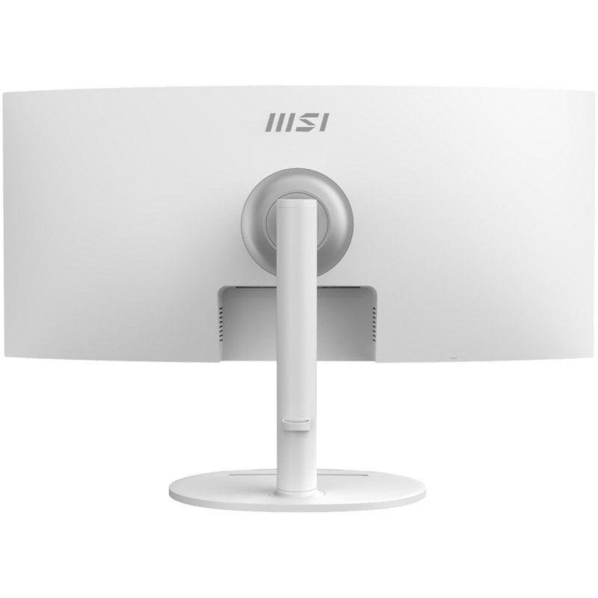 Düz beyaz arka plan önünde beyaz stant üzerinde beyaz bir MSI kavisli monitörün arka görünümü.
