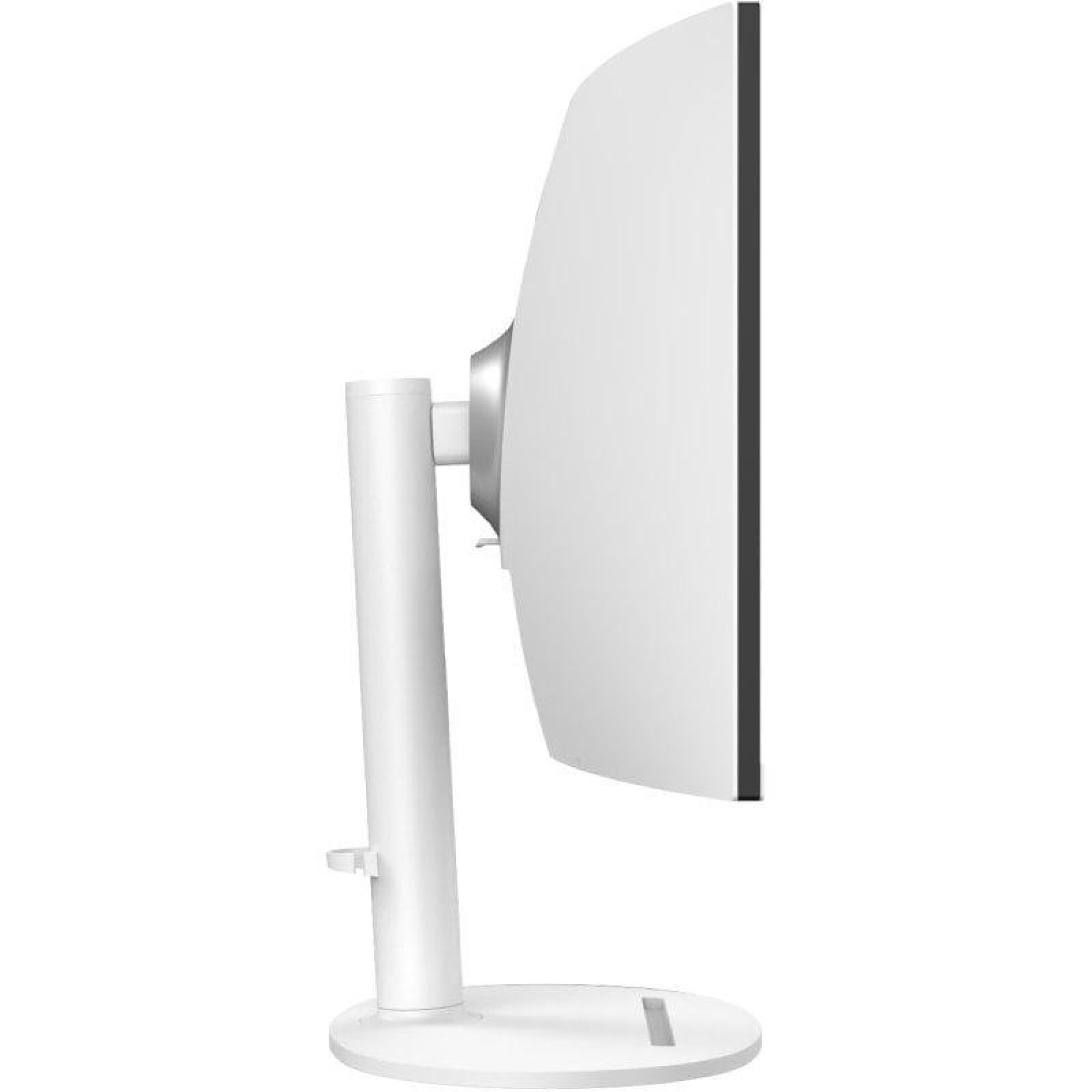 Açık arka plan üzerinde ergonomik ayaklı beyaz bilgisayar monitörünün yandan görünümü.