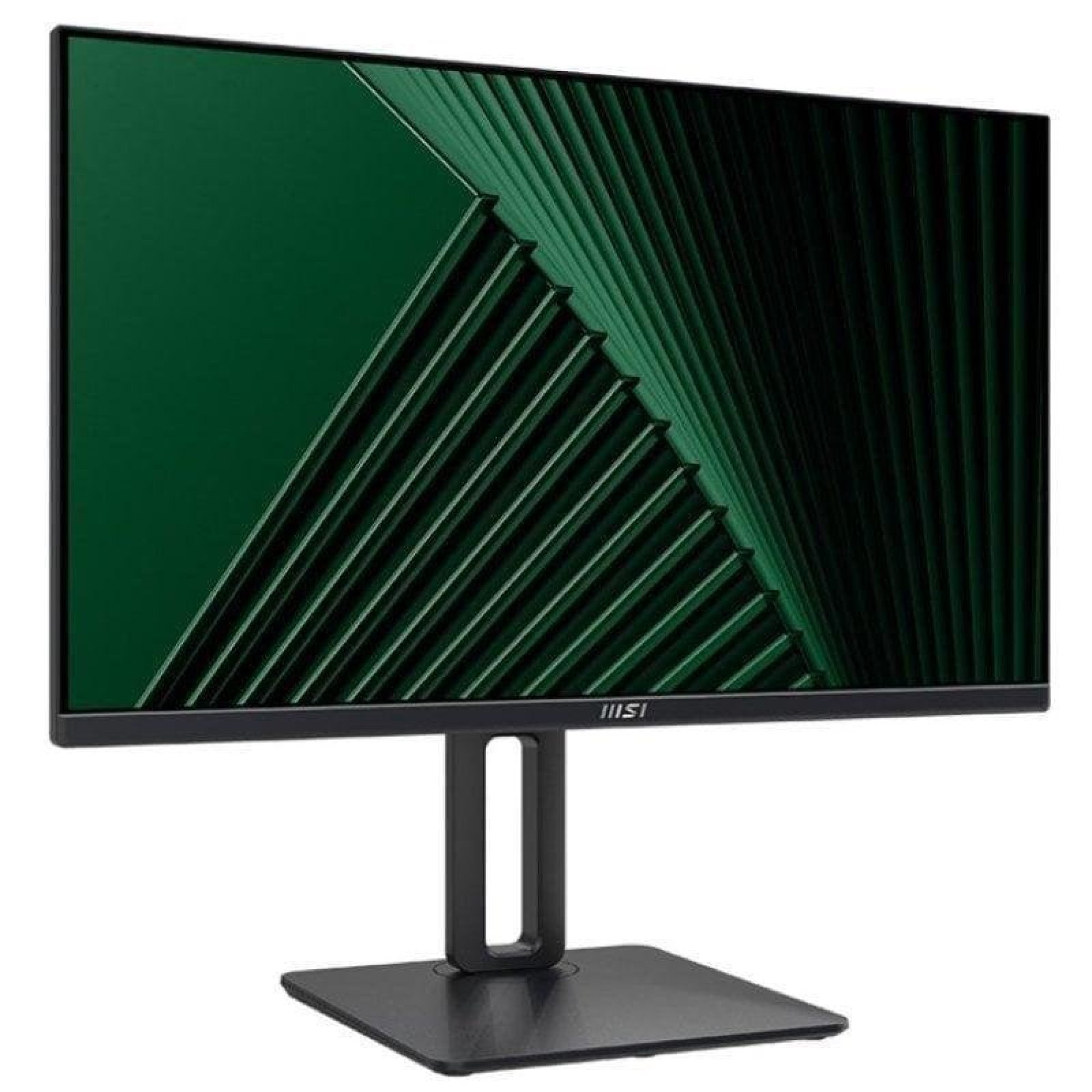 Ein moderner schwarzer Computerbildschirm mit grünem abstraktem Muster auf dem Display auf einem flachen Standfuß.