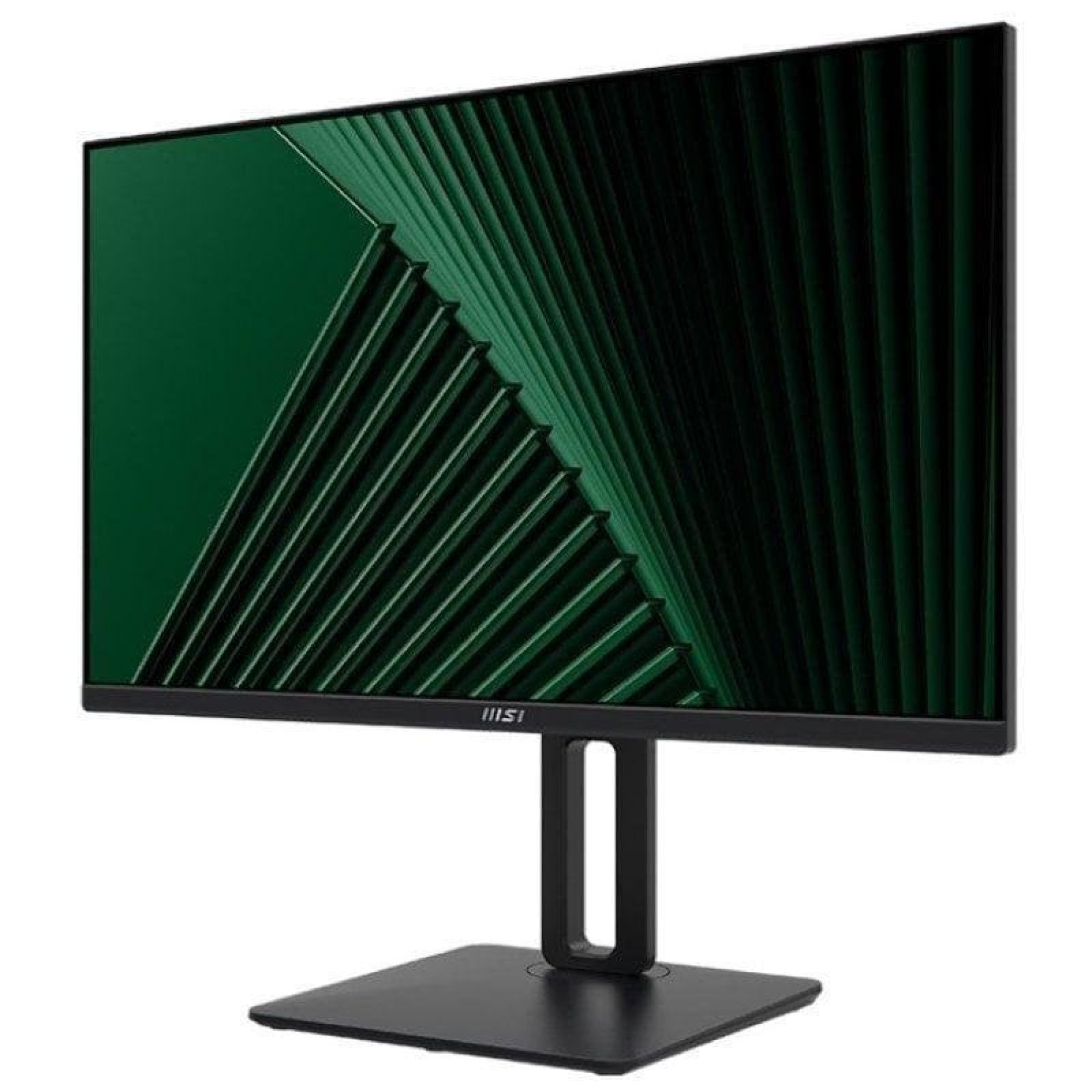 Ein schwarzer MSI-Computerbildschirm mit grünem abstrakten Hintergrundbild auf einem Standfuß vor weißem Hintergrund.