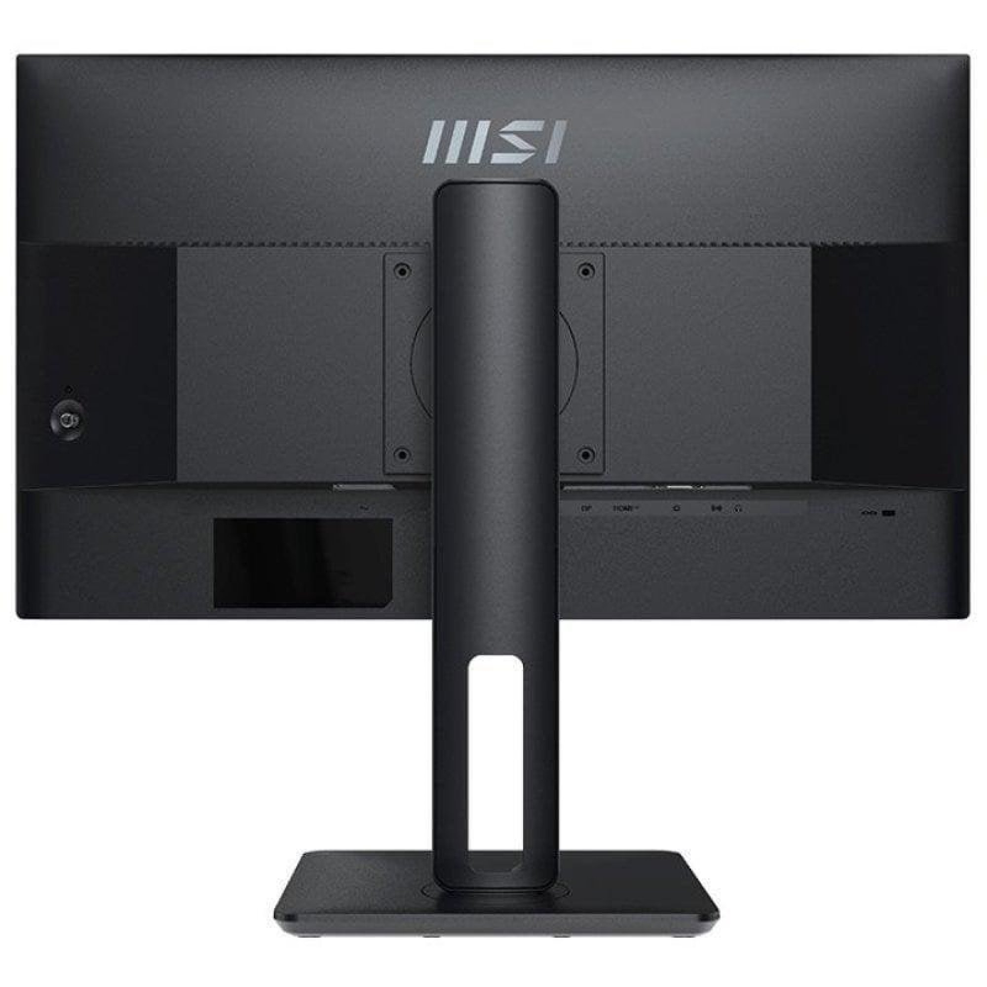 Rückansicht eines schwarzen MSI-Computermonitors mit einem stabilen Standfuß.