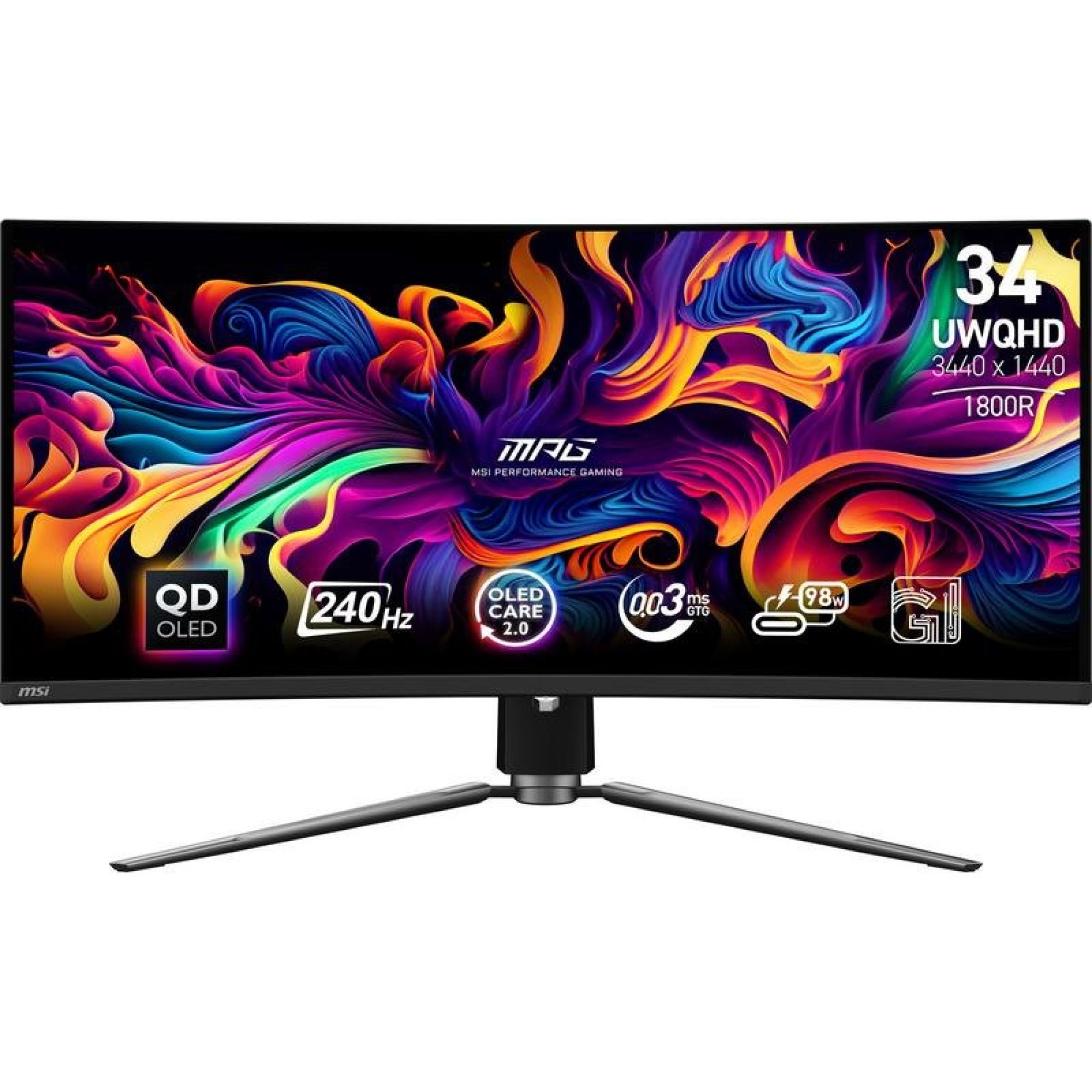 Renkli arka plan ve teknik özelliklere sahip kavisli bir MSI QD-OLED oyuncu monitörü.