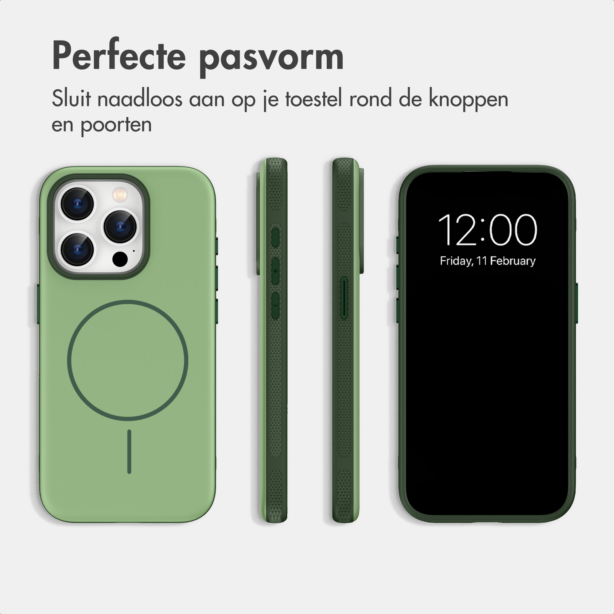 Grüne Handyhülle in vier Ansichten mit Text oben über Passform.
