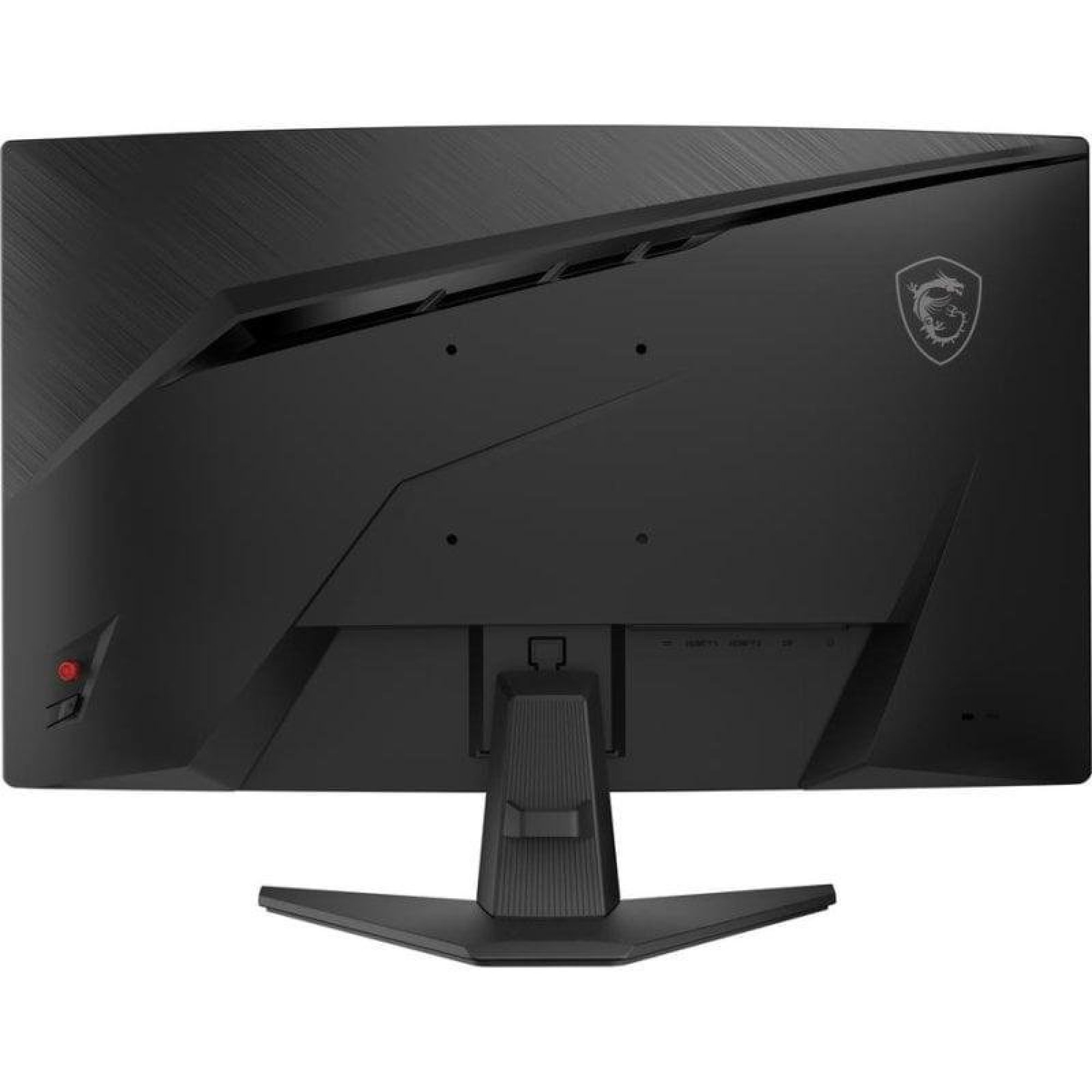 Stant, VESA montajı ve kırmızı bir joystick içeren siyah MSI oyuncu monitörünün arkası.