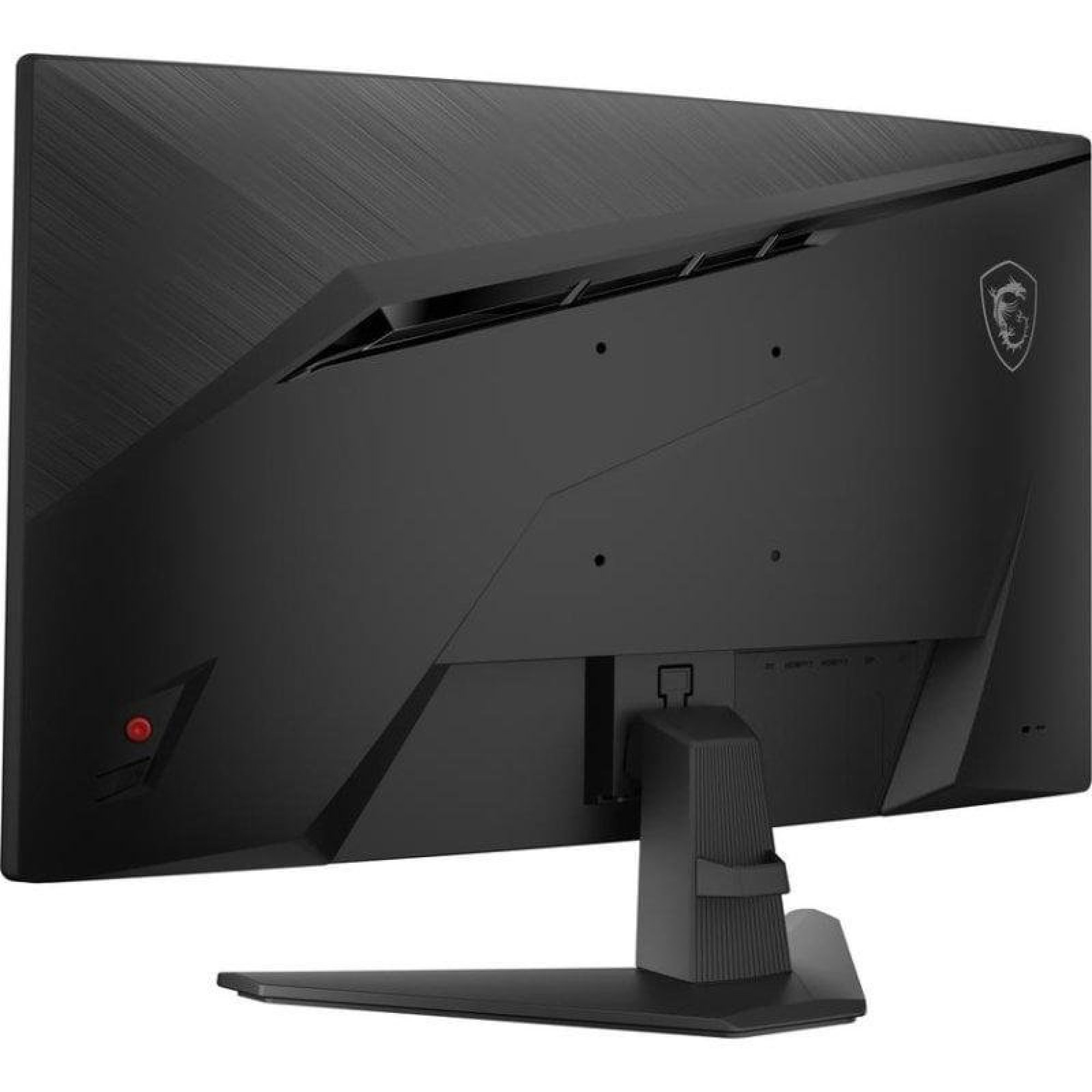 Dokulu paneli, standı ve kırmızı kontrol düğmesi olan siyah bir MSI bilgisayar monitörünün arkadan görünümü.