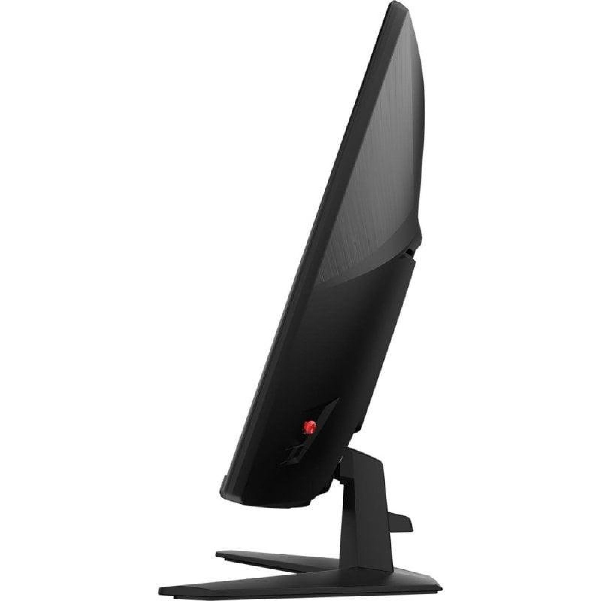 Stand üzerindeki siyah bilgisayar monitörünün kavisli ekranını gösteren yan görünümü.