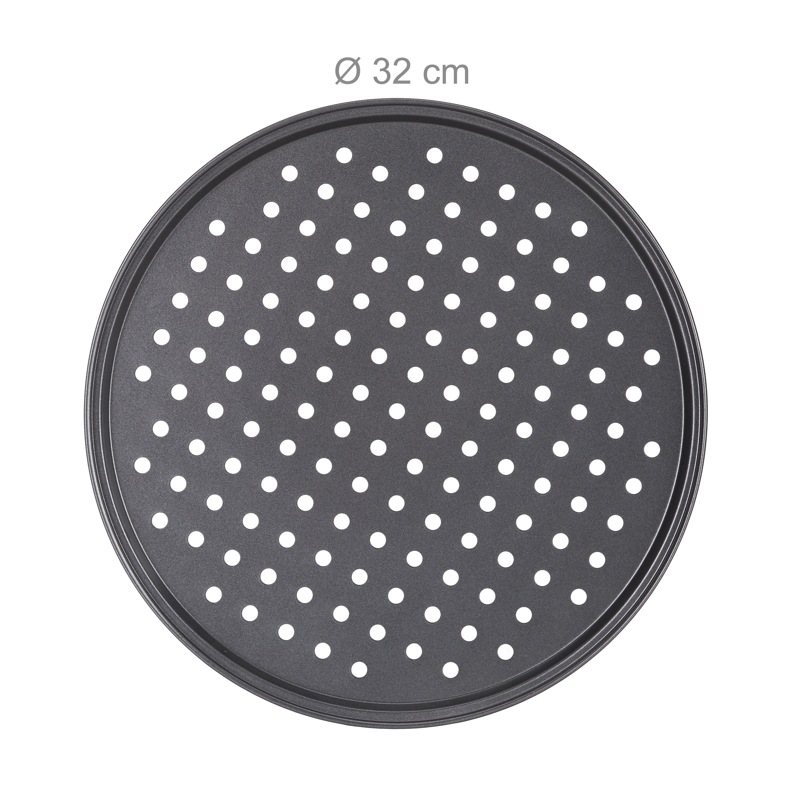 Runde, dunkelgraue Pizzabackform mit vielen Perforationslöchern und 32 cm Durchmesser.