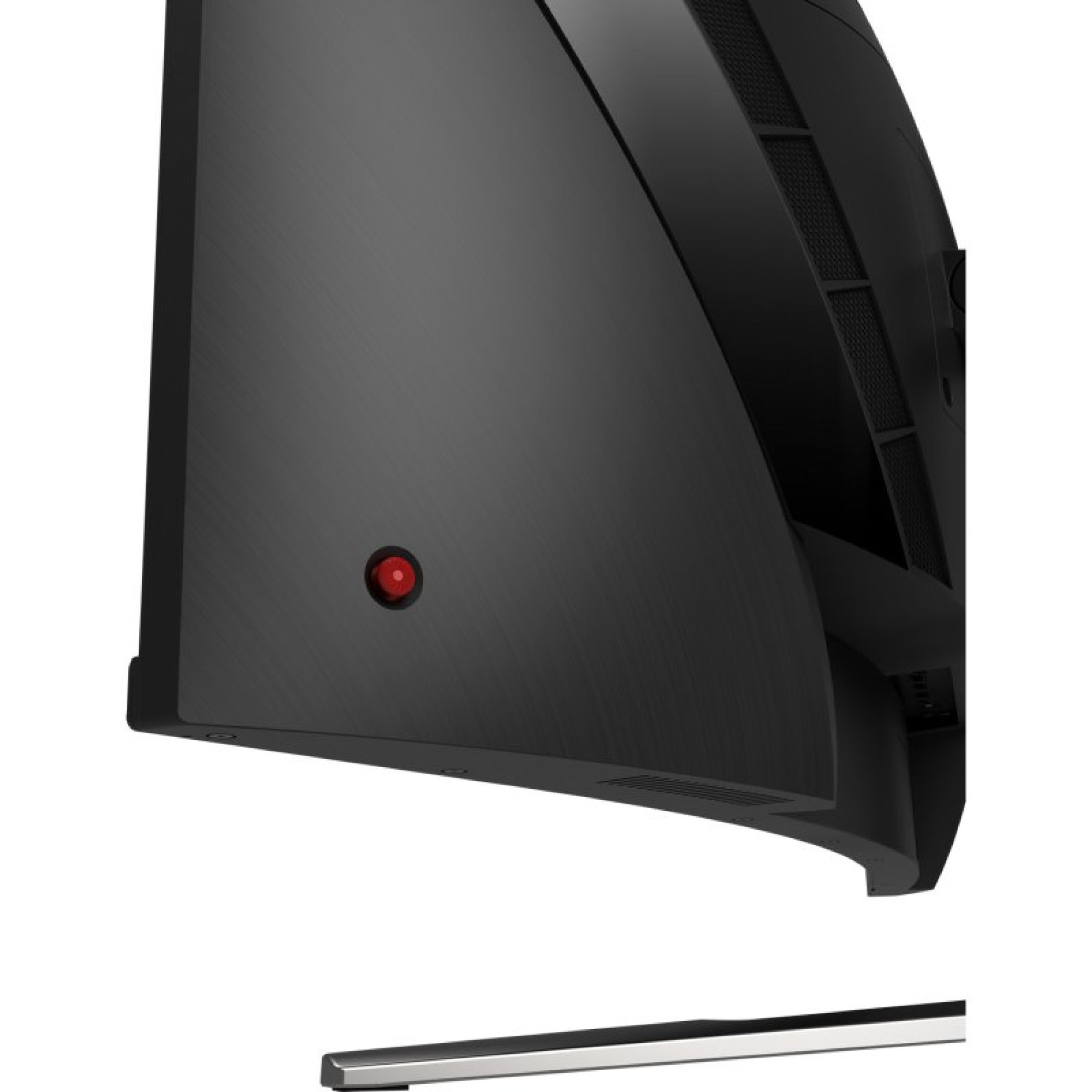 Vista posteriore di un monitor nero curvo con un pulsante di controllo rosso e una base in metallo staccata.