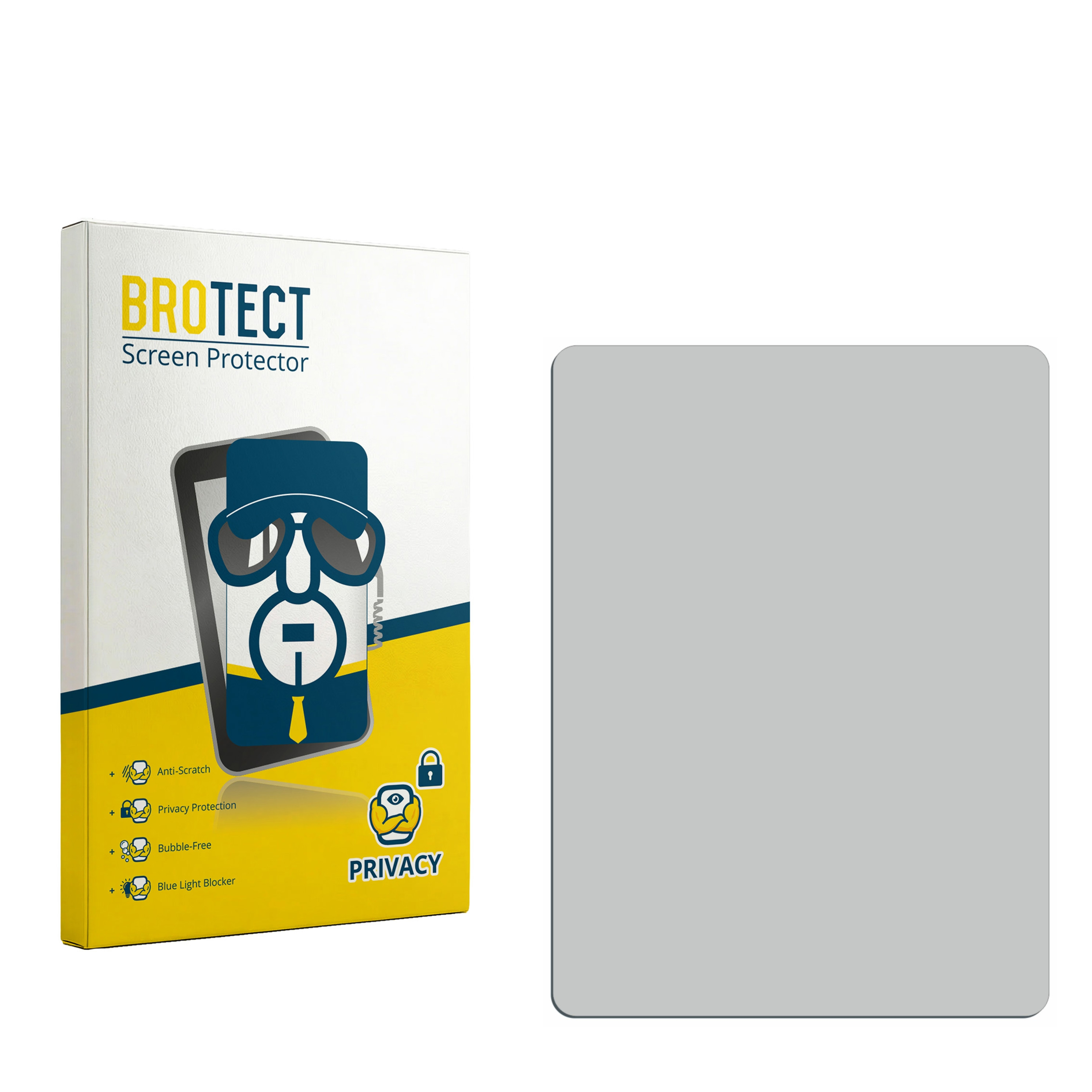 BROTECT Displayschutzverpackung neben einer einzelnen grauen Displayschutzfolie auf weißem Hintergrund.