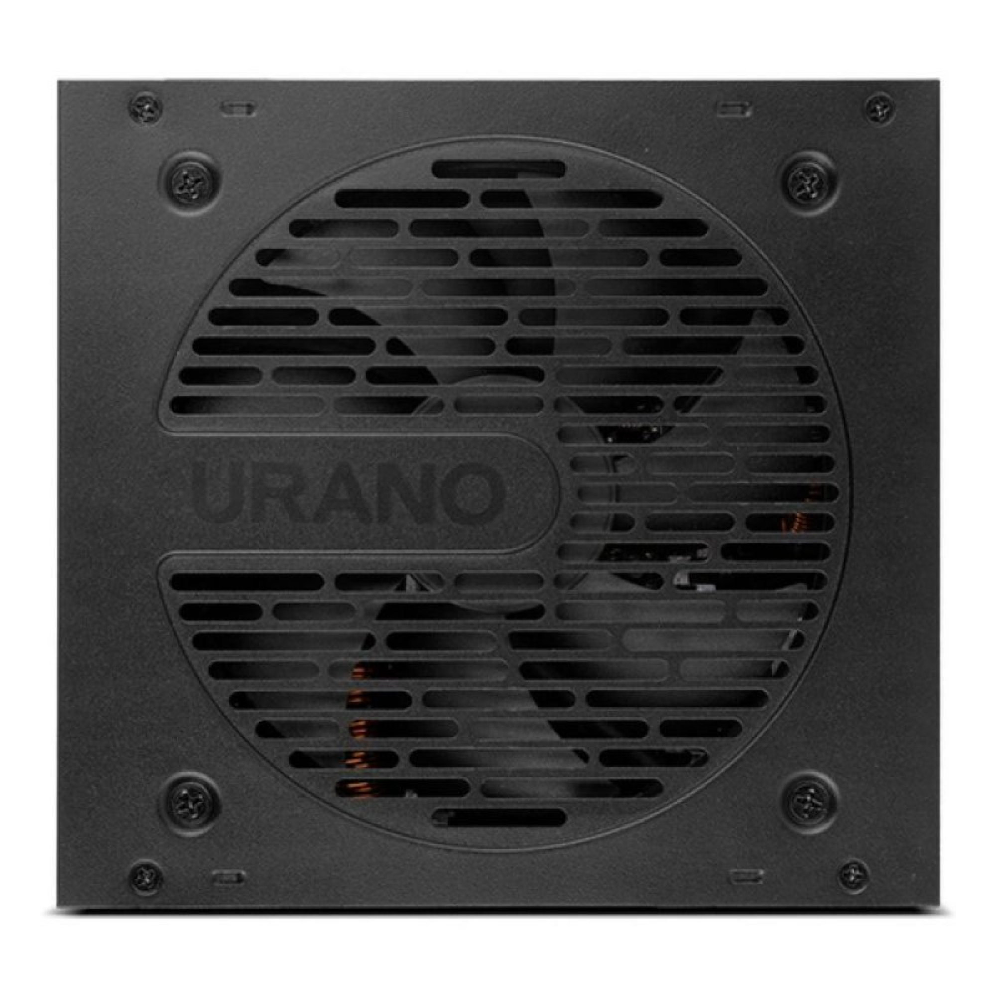 Un alimentatore per computer nero con griglia della ventola rotonda e la scritta URANO.