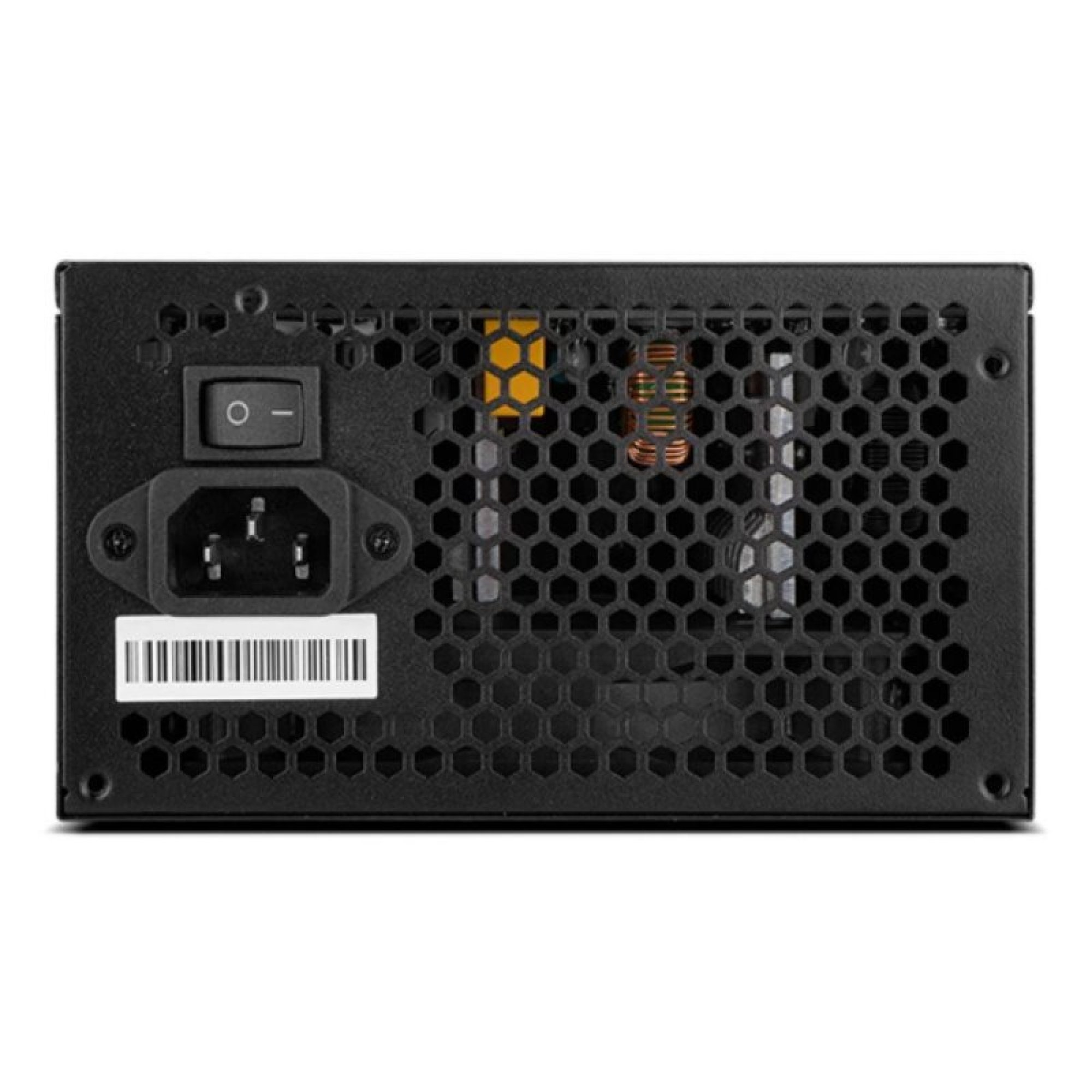 Retro di un alimentatore per computer nero con presa, interruttore e griglia di ventilazione.