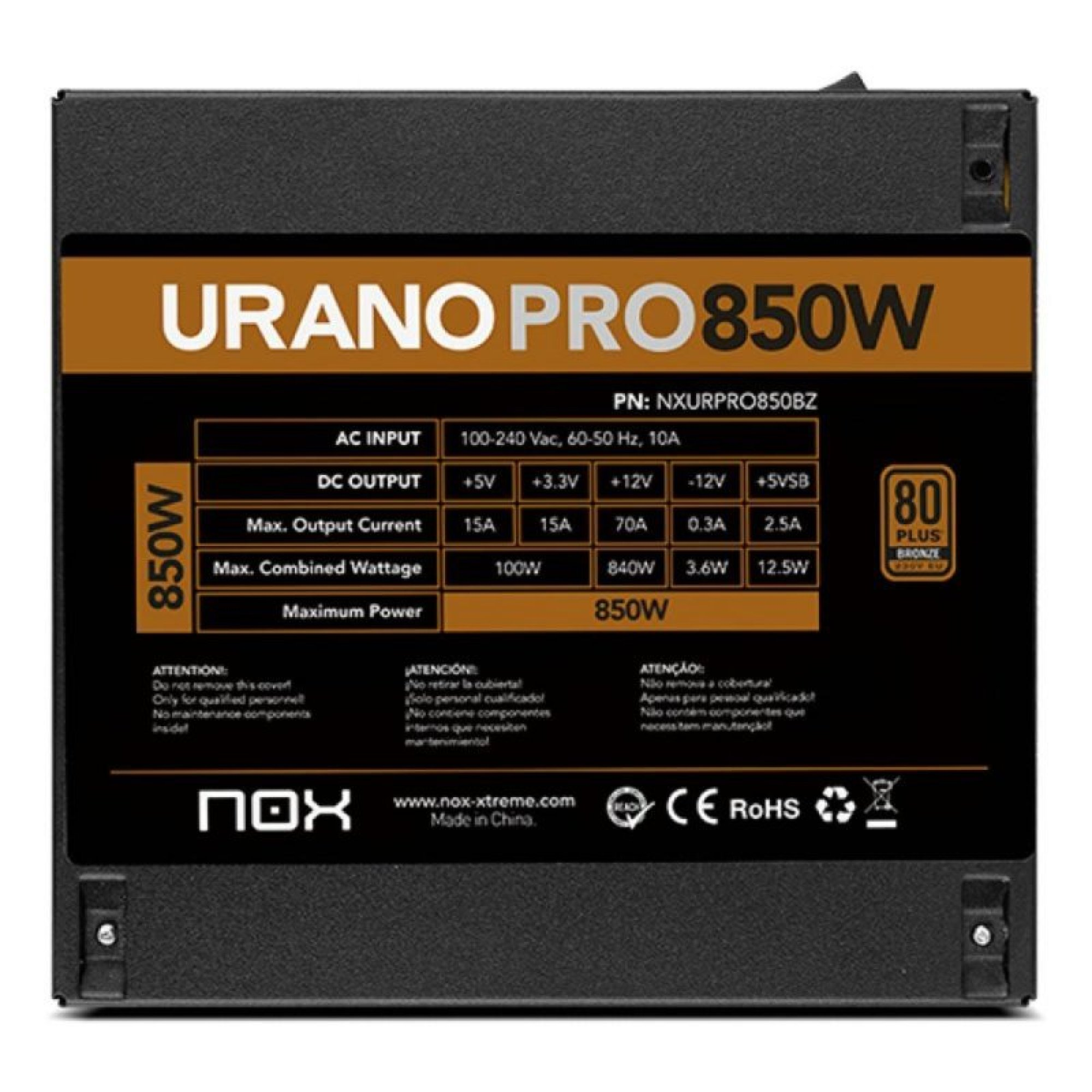 Etichetta dell'alimentatore Urano Pro 850W con specifiche elettriche, avvertenze di sicurezza e loghi.