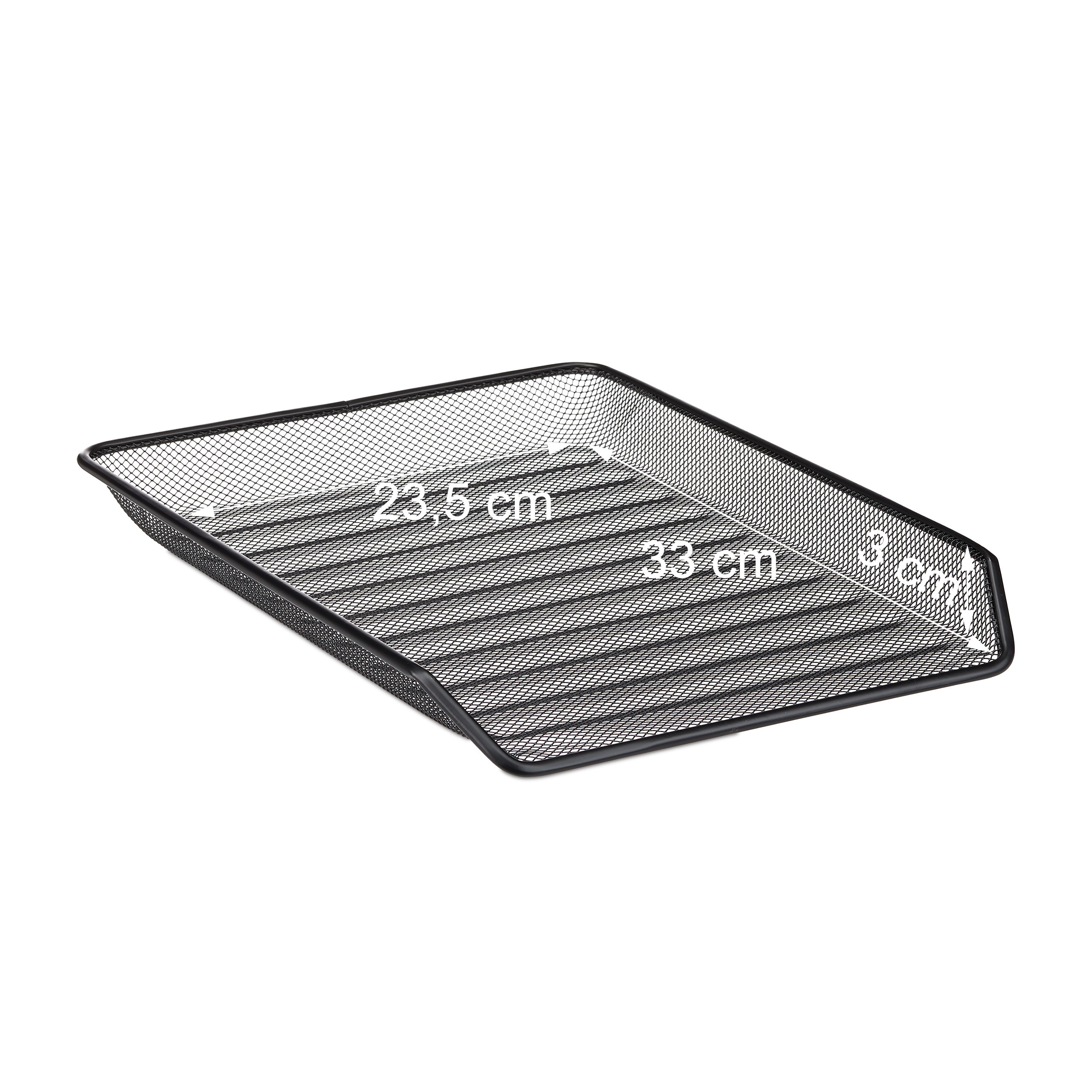 Schwarze Dokumentenablage aus Metallgitter mit weißen Maßangaben von 23,5 cm, 33 cm und 6 cm auf weißem Hintergrund.