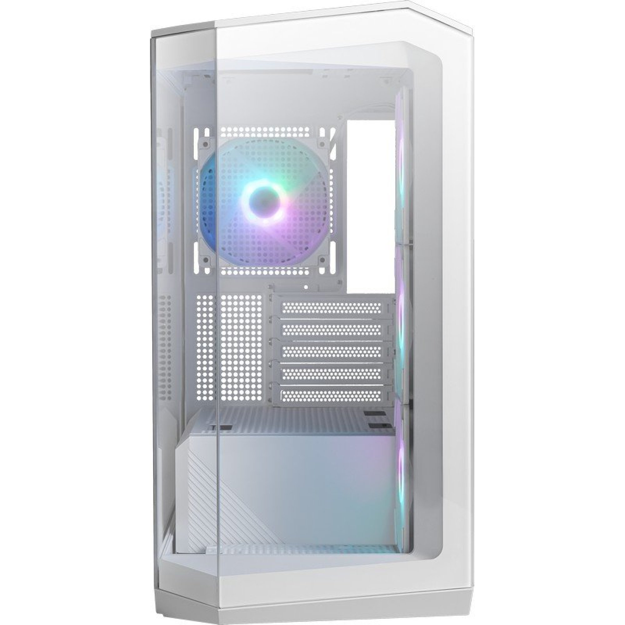 Cam ön yüzeye ve içinde RGB fana sahip beyaz bir bilgisayar kasası.