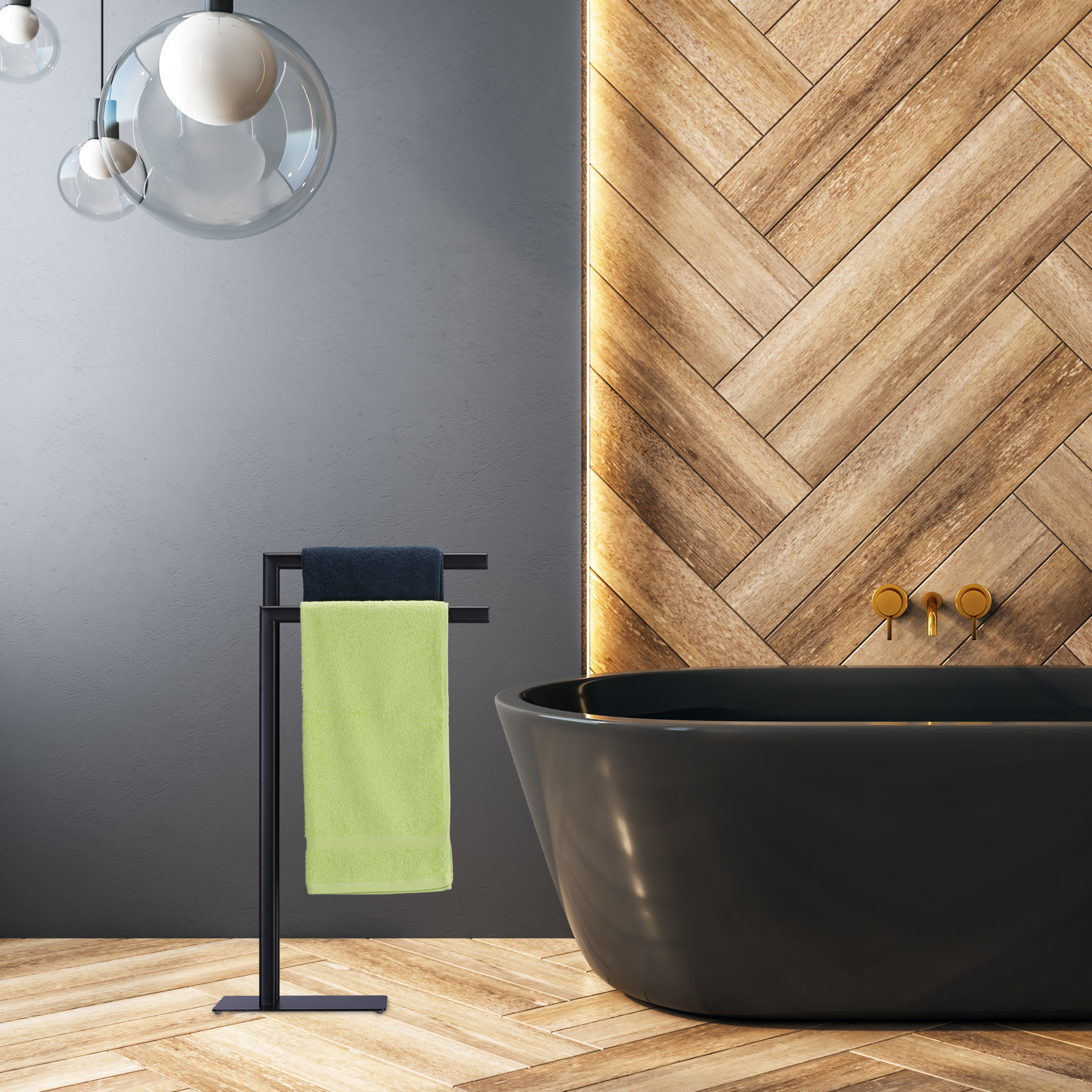 Moderne Badezimmer mit schwarzer Badewanne, Holzwand mit LED-Beleuchtung und Handtuchhalter.