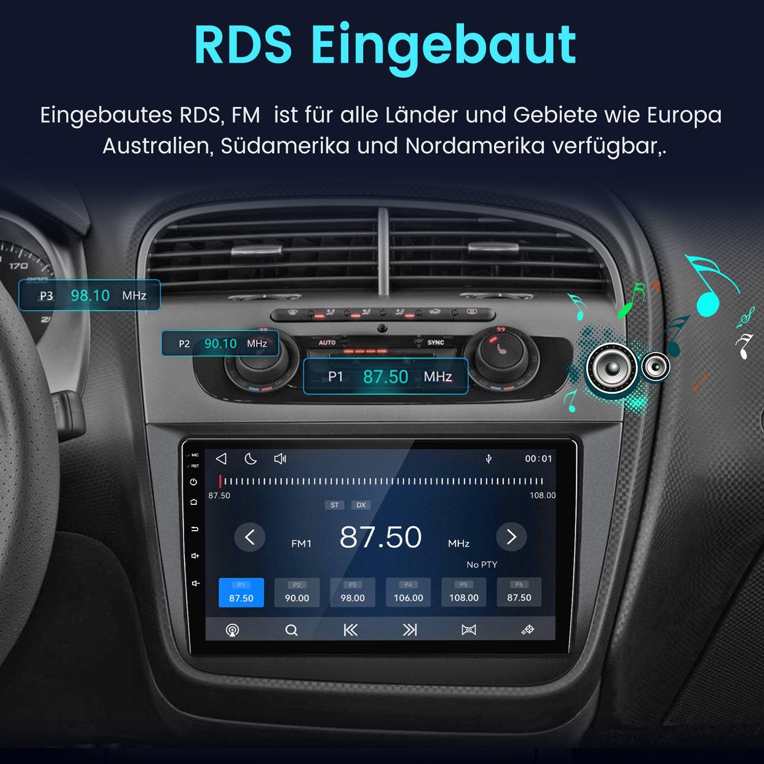 Ein Autoradio mit Touchscreen in der Mittelkonsole, FM-Radio und RDS-Funktion.