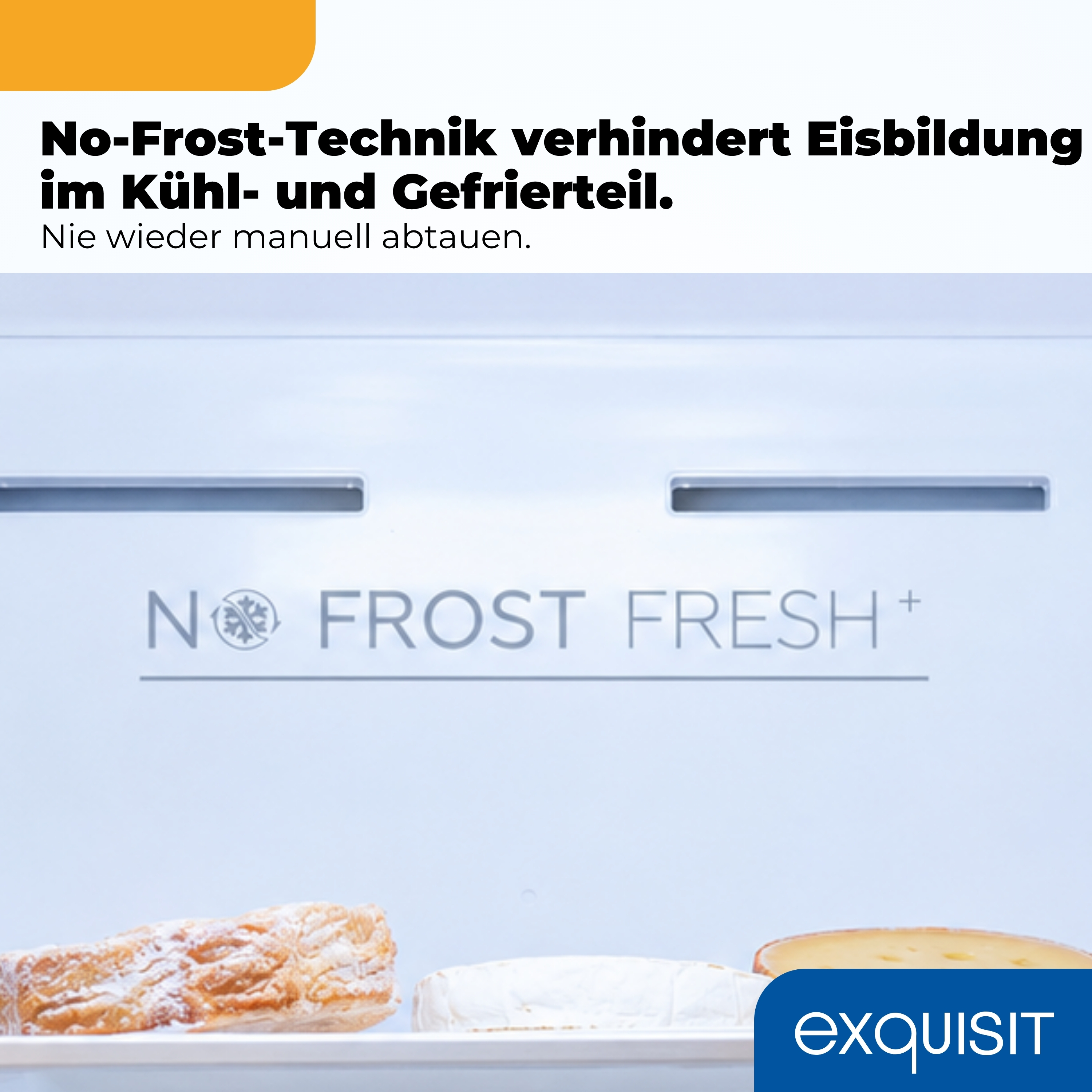 Werbebild für No-Frost-Technik im Kühlschrank mit Lebensmitteln auf einem Glasboden und Exquisit-Logo.