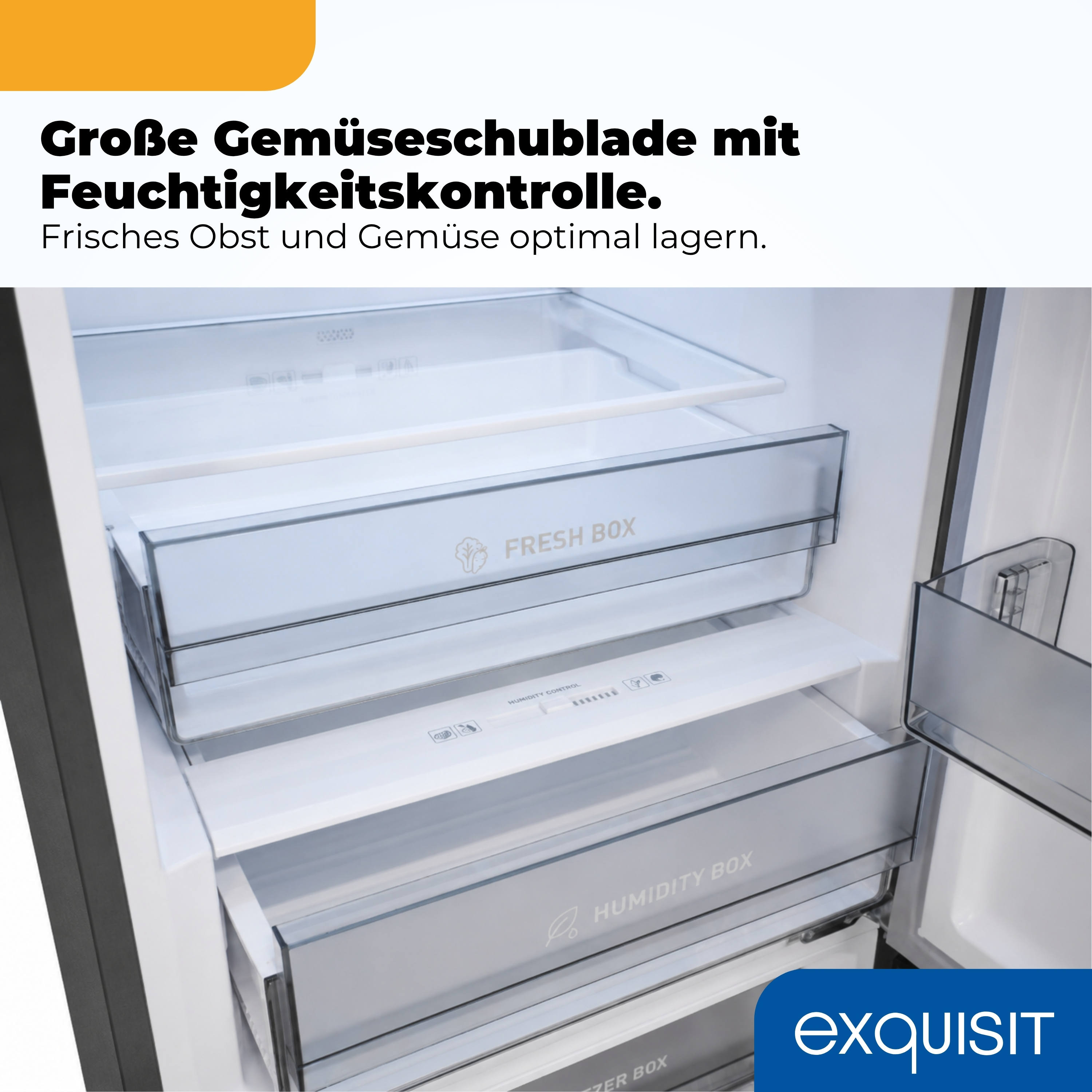 Geöffneter Kühlschrank mit Fresh Box und Feuchtigkeitskontrolle für Obst und Gemüse.