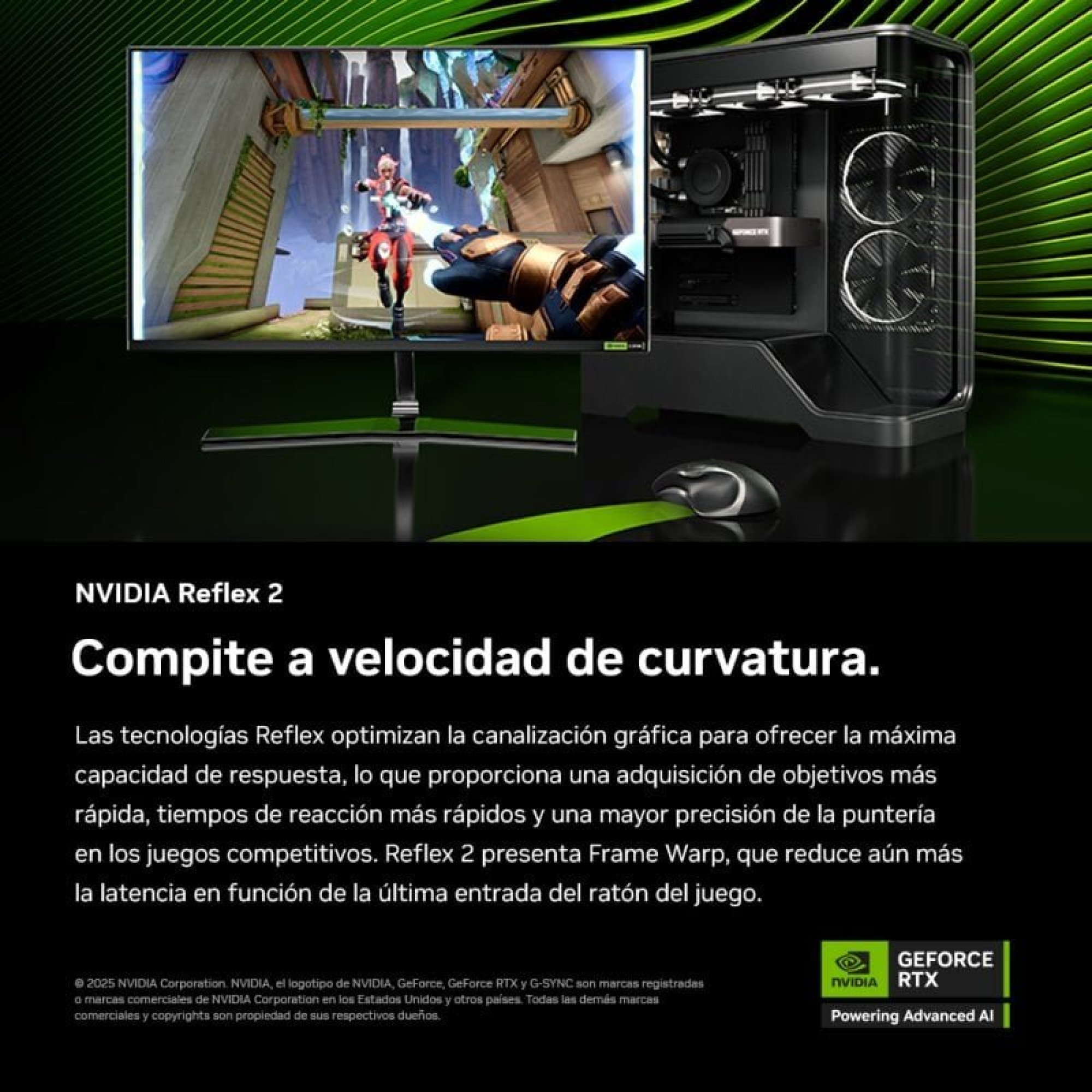 Un PC da gaming con monitor mostra un gioco d'azione, accompagnato dal testo Nvidia Reflex su sfondo nero.