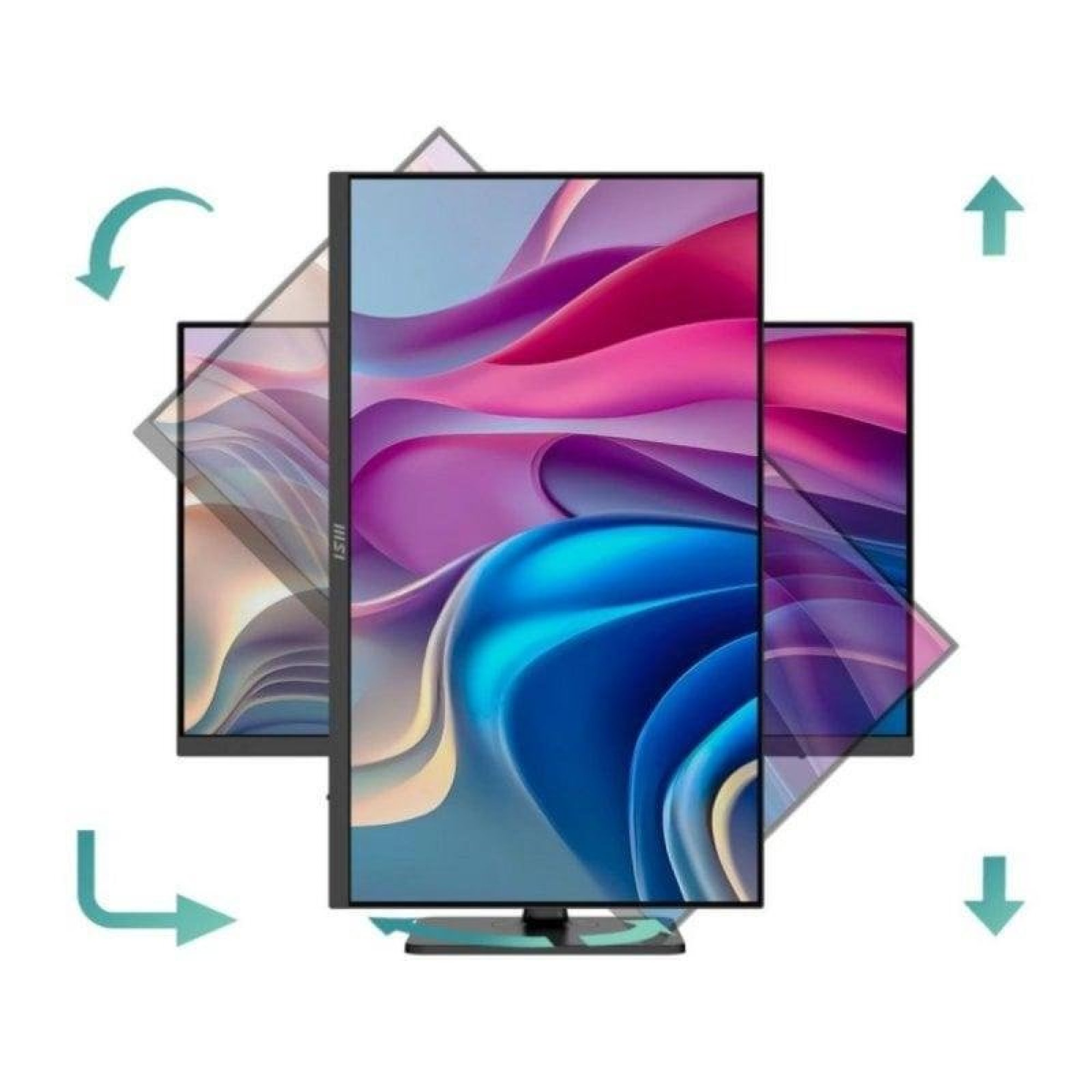 Un monitor per computer rotante con sfondo colorato, che mostra il movimento con frecce verdi.