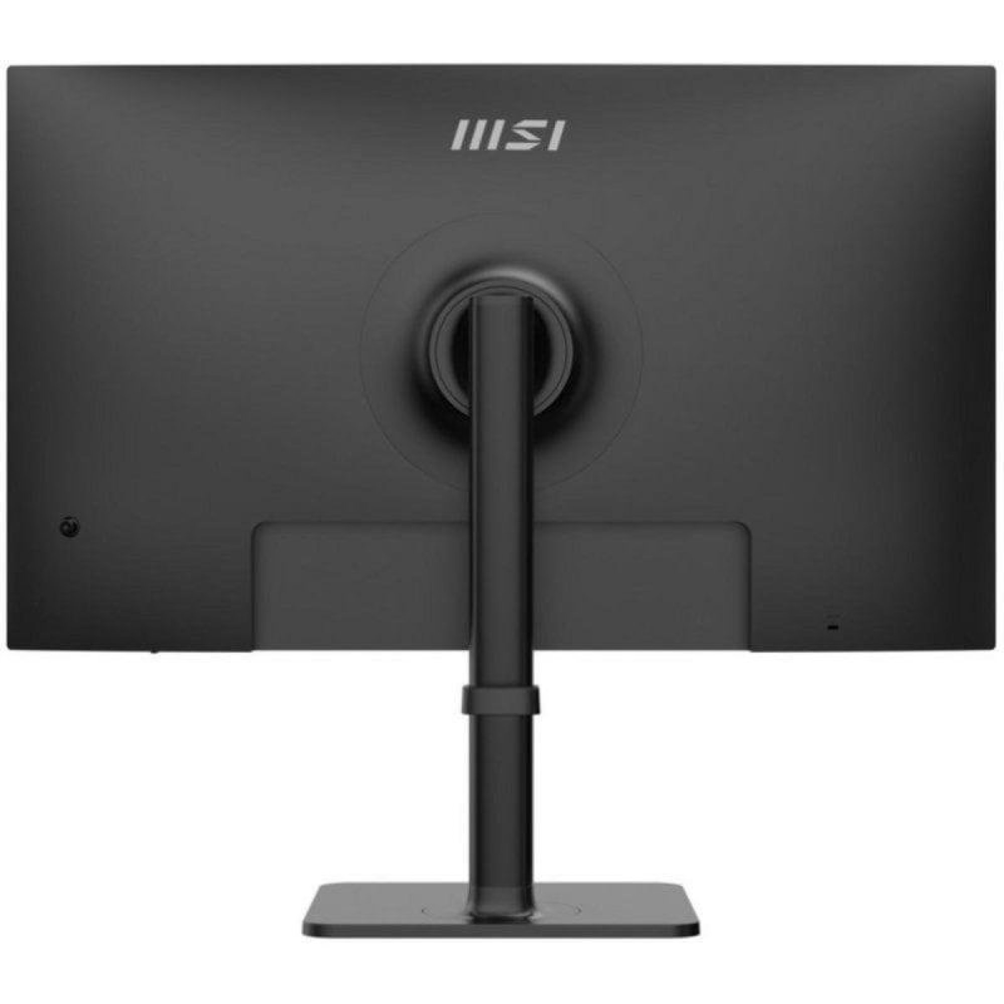 Vista posteriore di un monitor MSI nero su supporto regolabile con sfondo neutro.