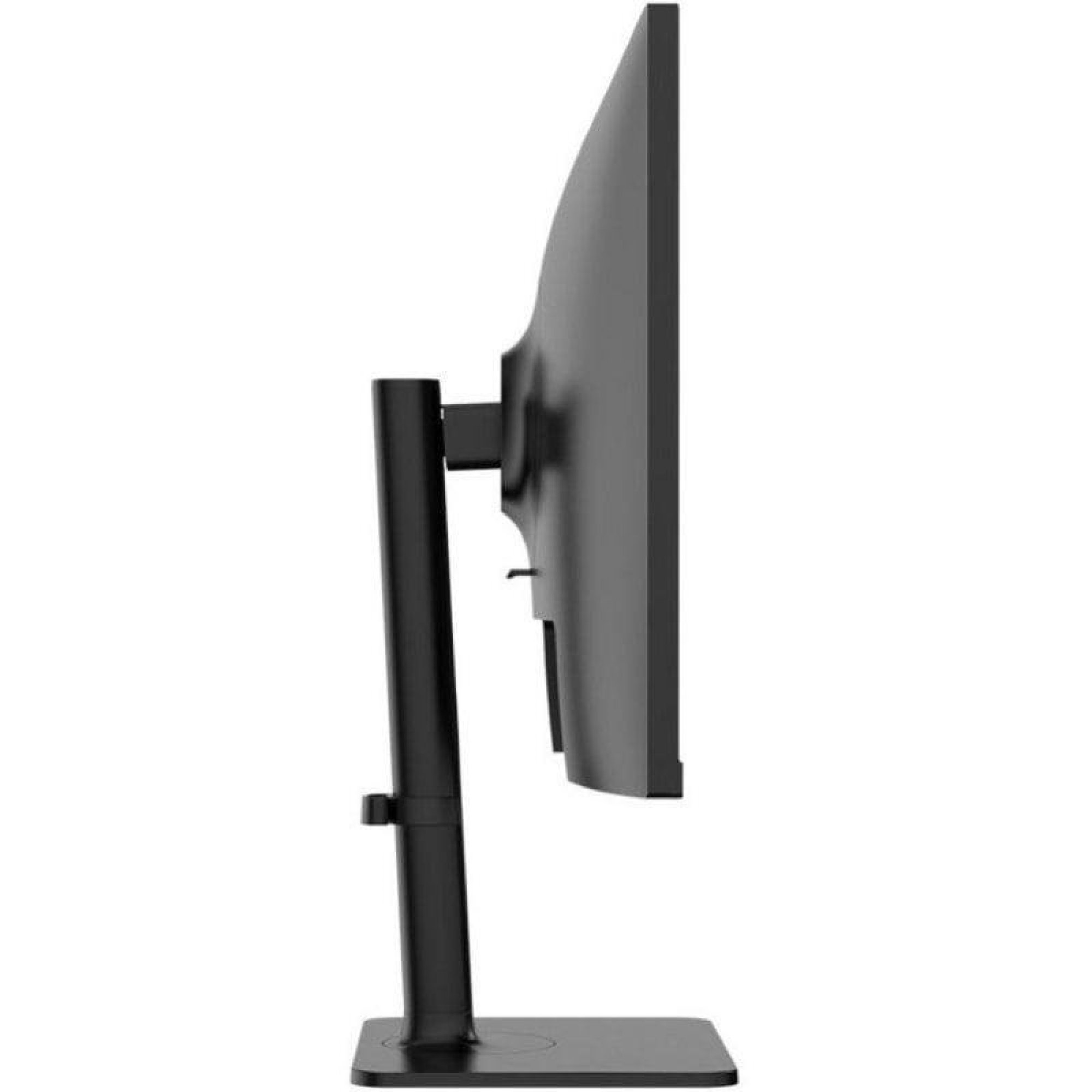 Vista laterale di un monitor di computer nero su supporto regolabile su sfondo bianco.