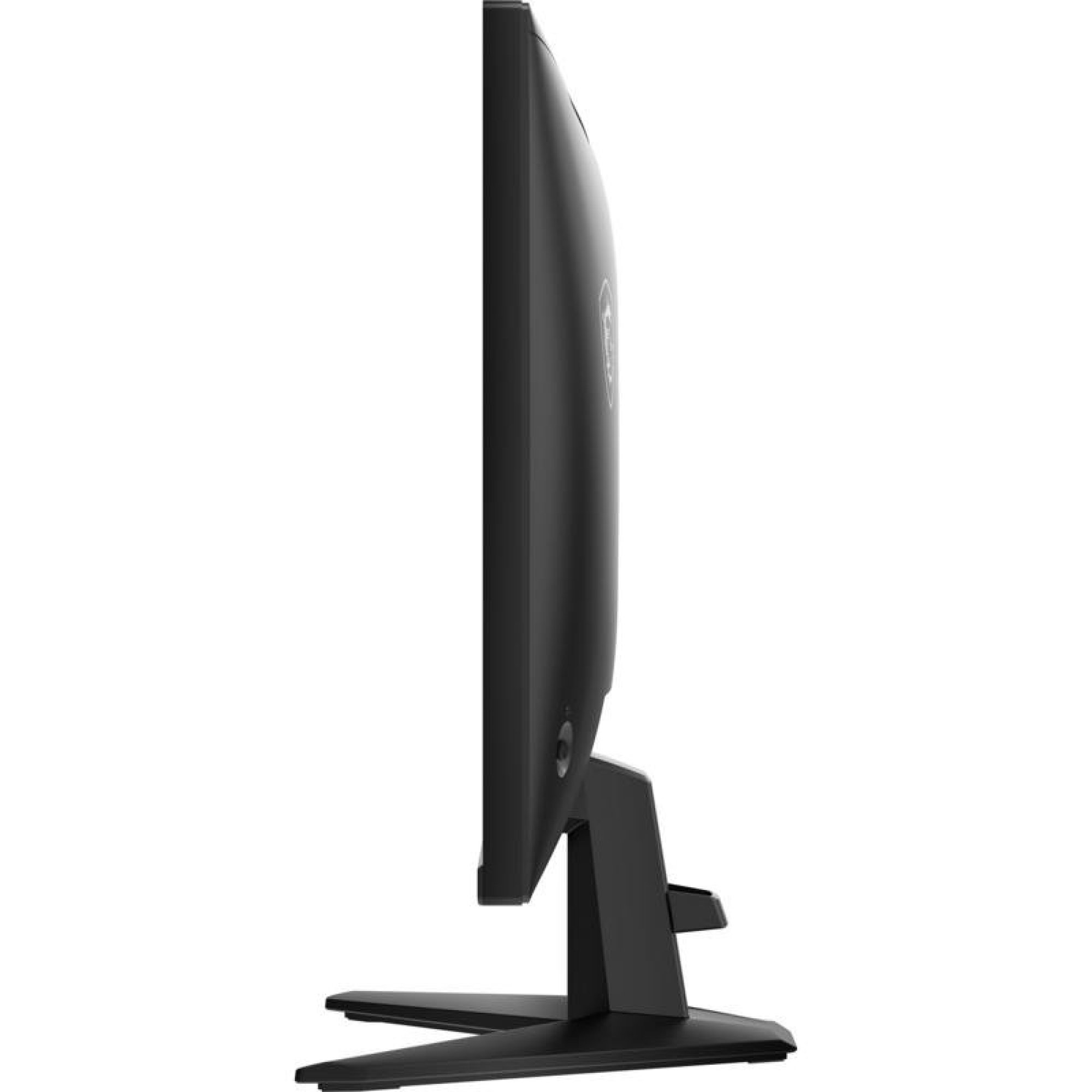 Vista laterale di un monitor per computer nero su supporto, che mostra il suo profilo sottile su sfondo bianco.