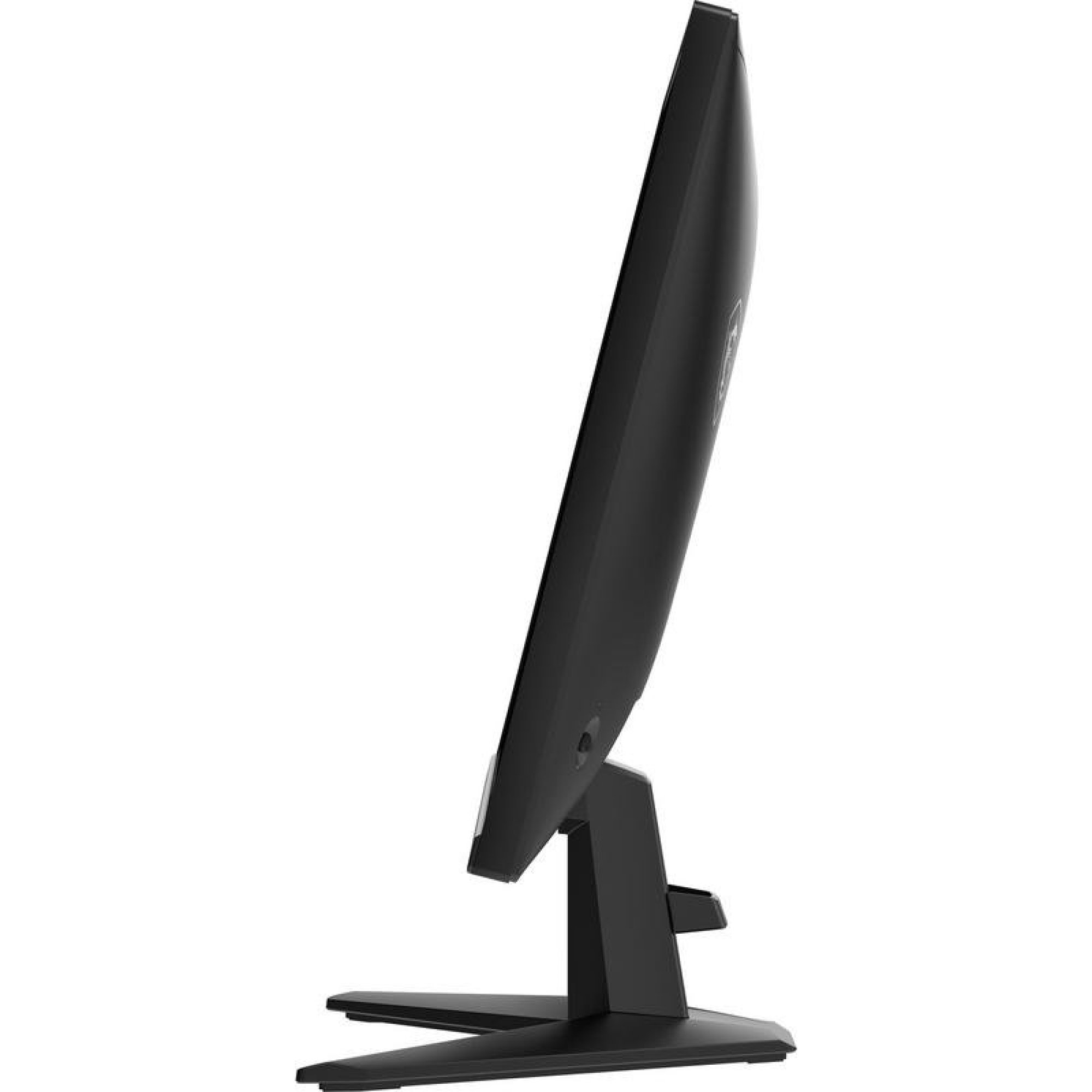 Vista laterale di un moderno monitor per computer nero con elegante supporto su sfondo bianco.