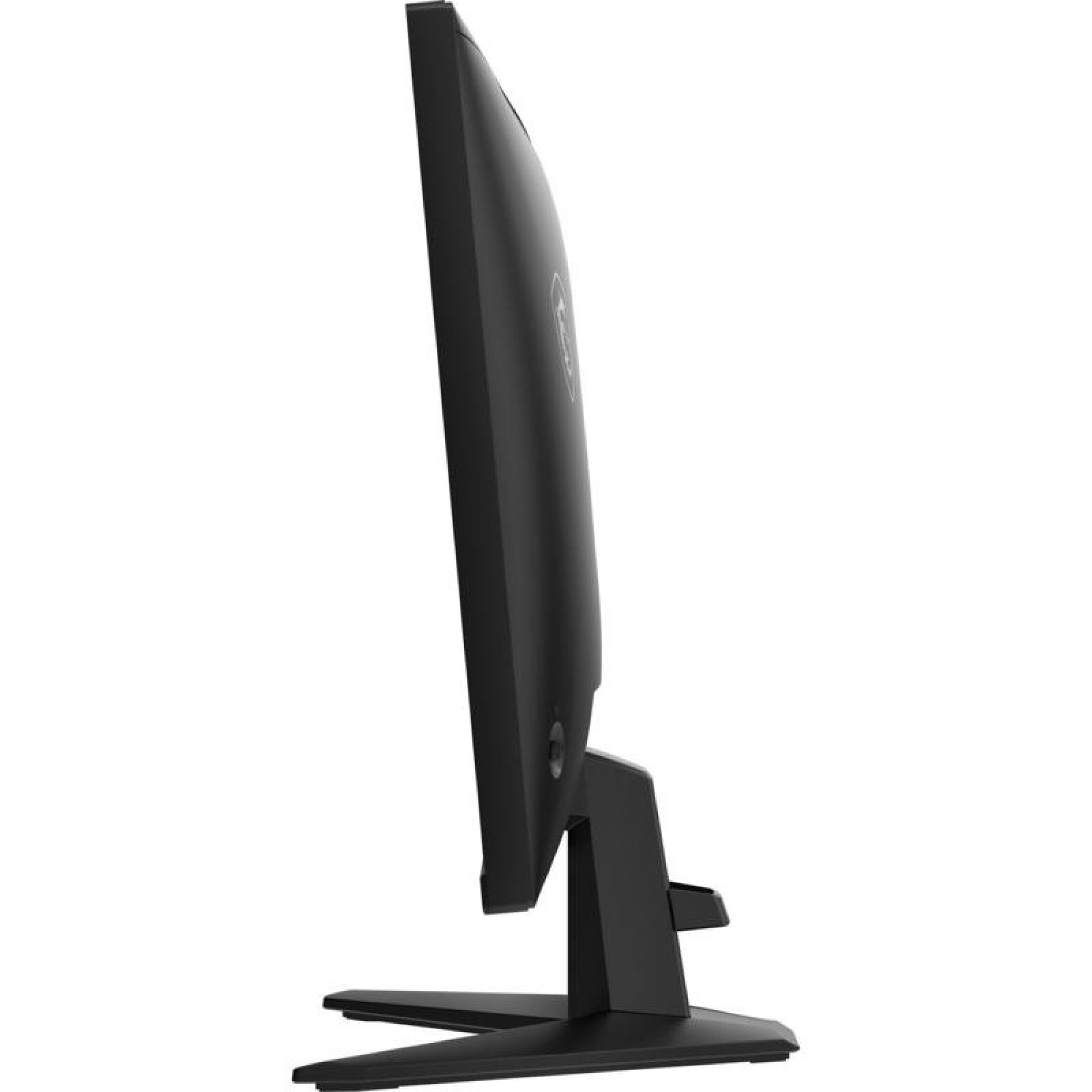 Vista laterale di un monitor di computer nero su supporto con sfondo bianco.