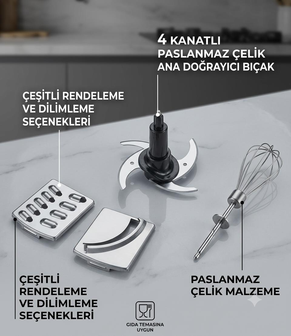 Mermer tezgahta mutfak robotu aksesuarları: 4 kanatlı paslanmaz çelik bıçak, rende diskleri ve çırpıcı.
