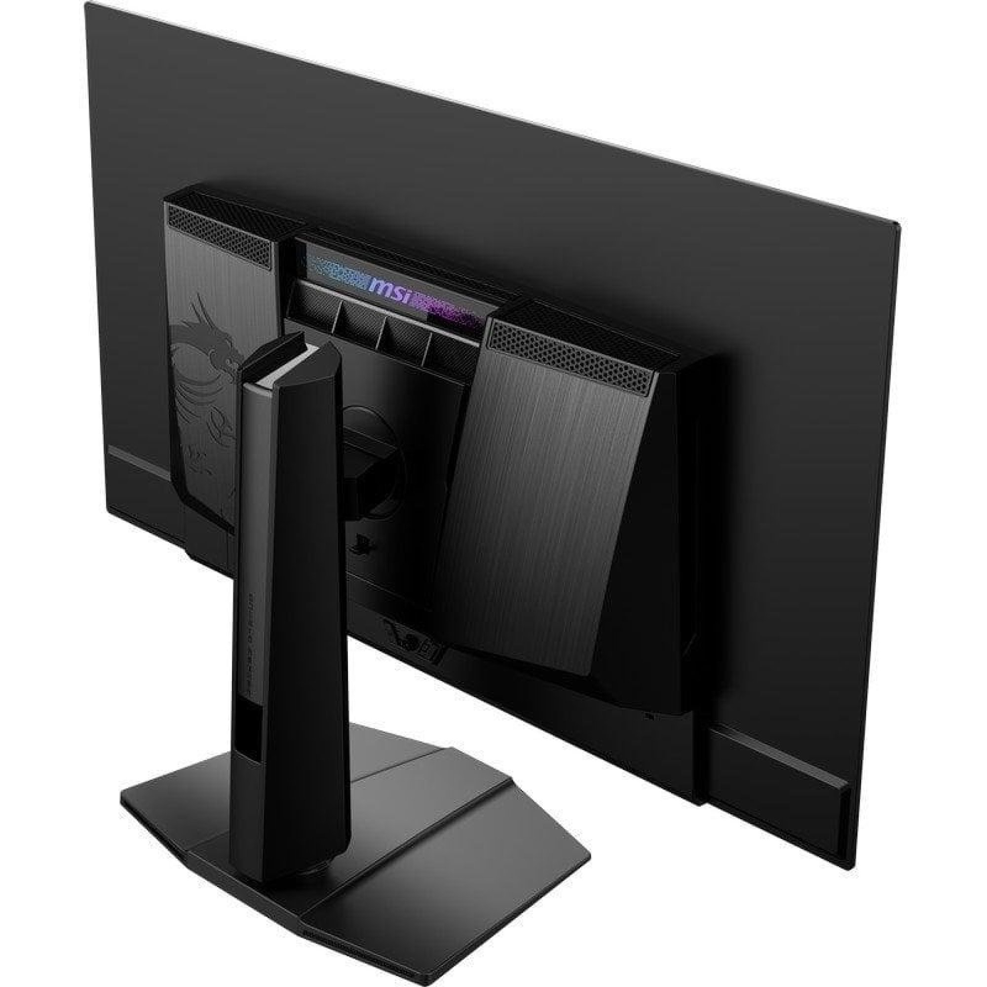 Vista posteriore di un monitor MSI nero con supporto su sfondo chiaro.