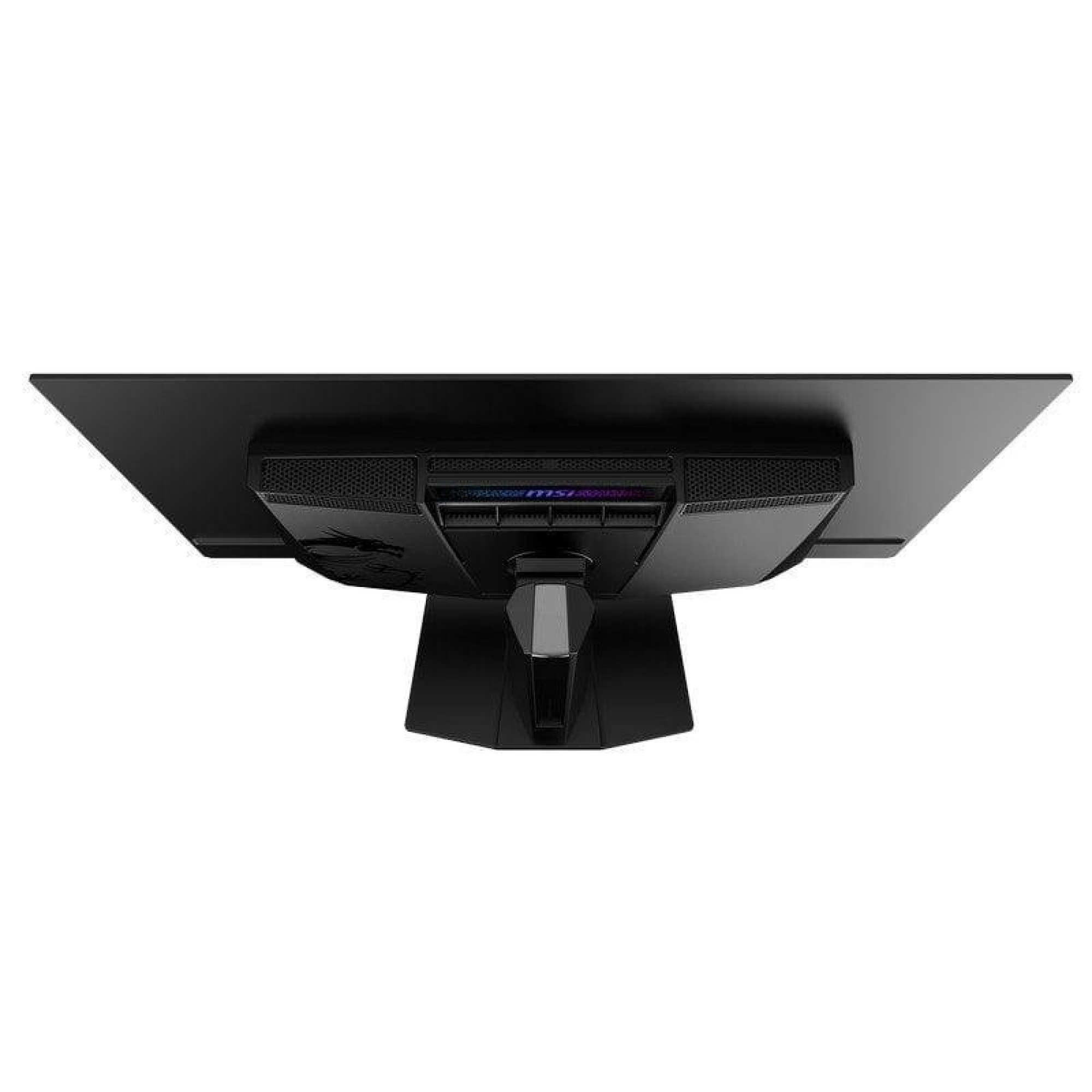 Vista posteriore di un monitor per computer nero con griglie di ventilazione integrate e supporto robusto.