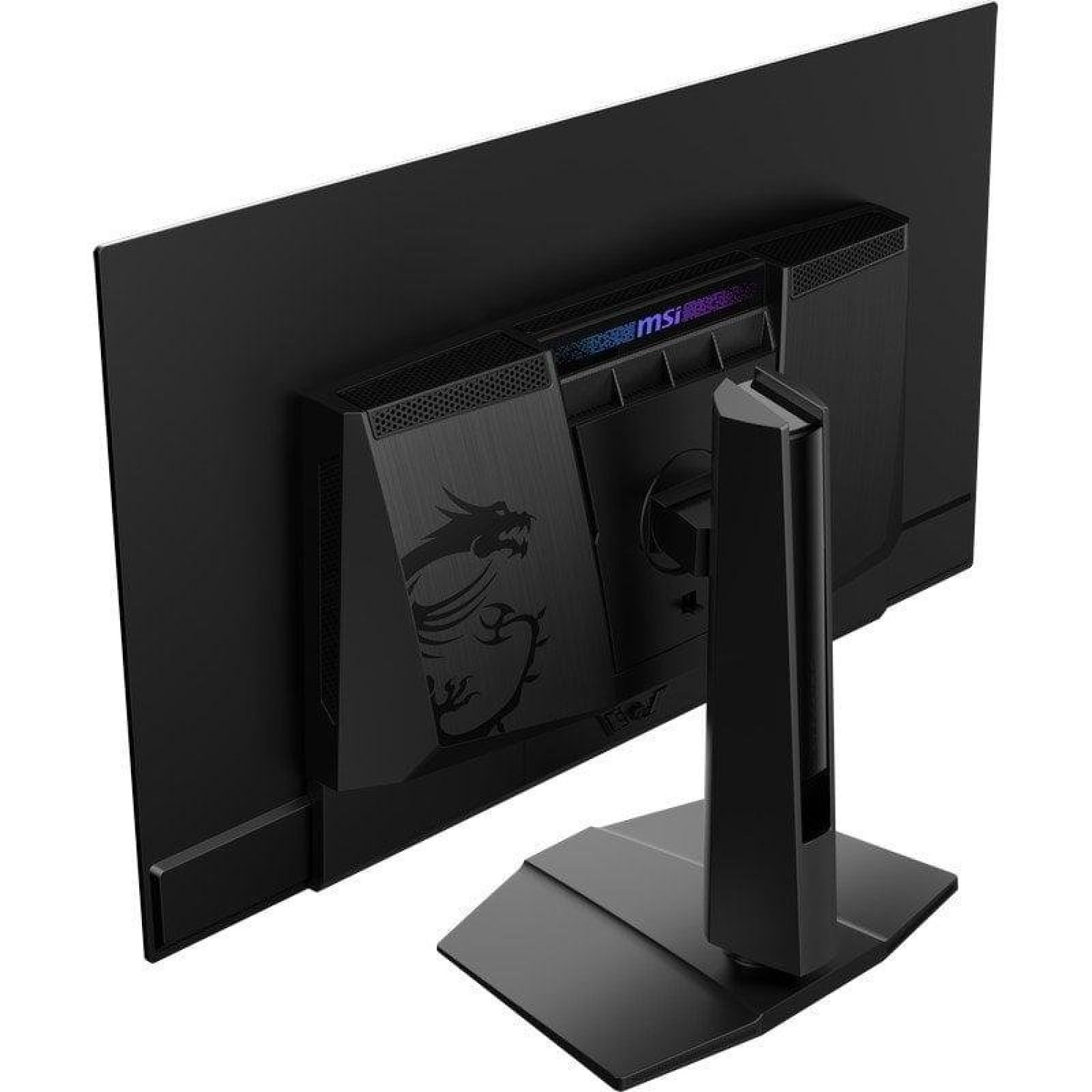 Vista posteriore di un monitor da gioco MSI nero con logo del drago e marchio illuminato.