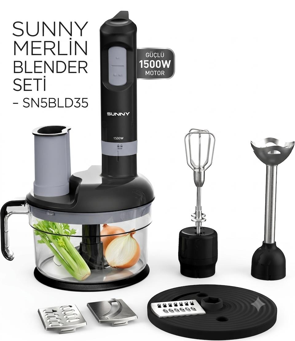 Sunny Merlin blender seti, doğrayıcı, çırpıcı ve bıçaklarla birlikte.